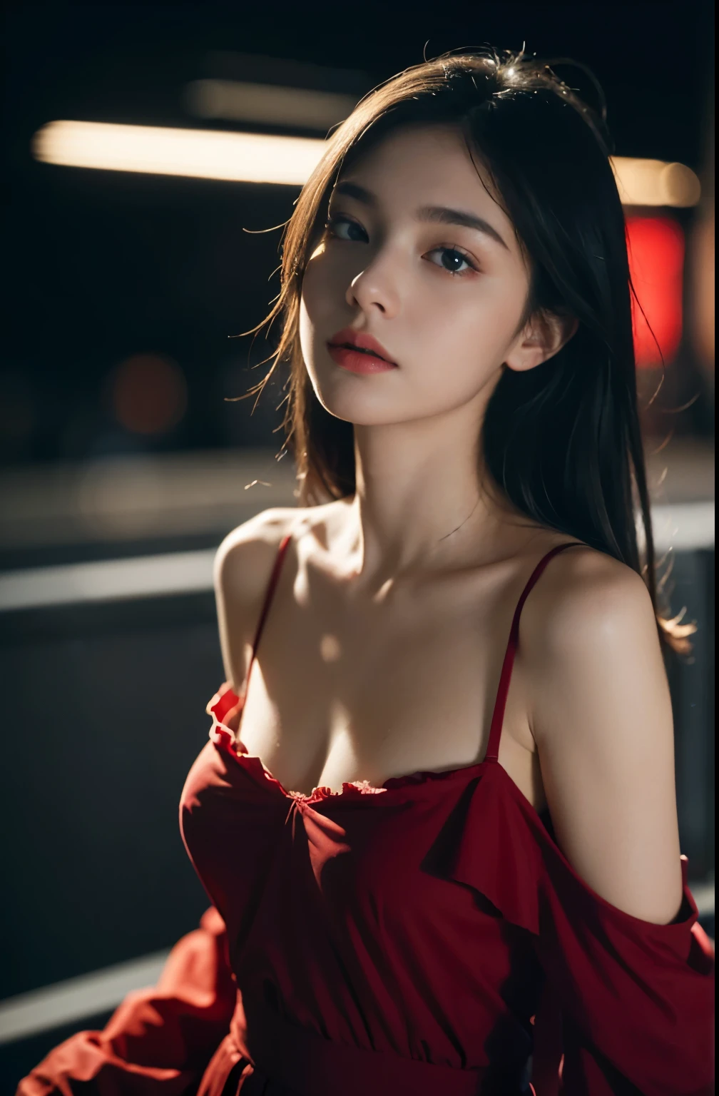 best quality,masterpiece,ultra high resolution,(Realism:1.4),RAW photos,1 girl,Off the shoulders,in the dark night,deep shadow,low pitch,cold light,long white hair,broken to pieces,face highlight,pure,girly,,18 years old,Thin shoulder strap underwear,Red Lingeri