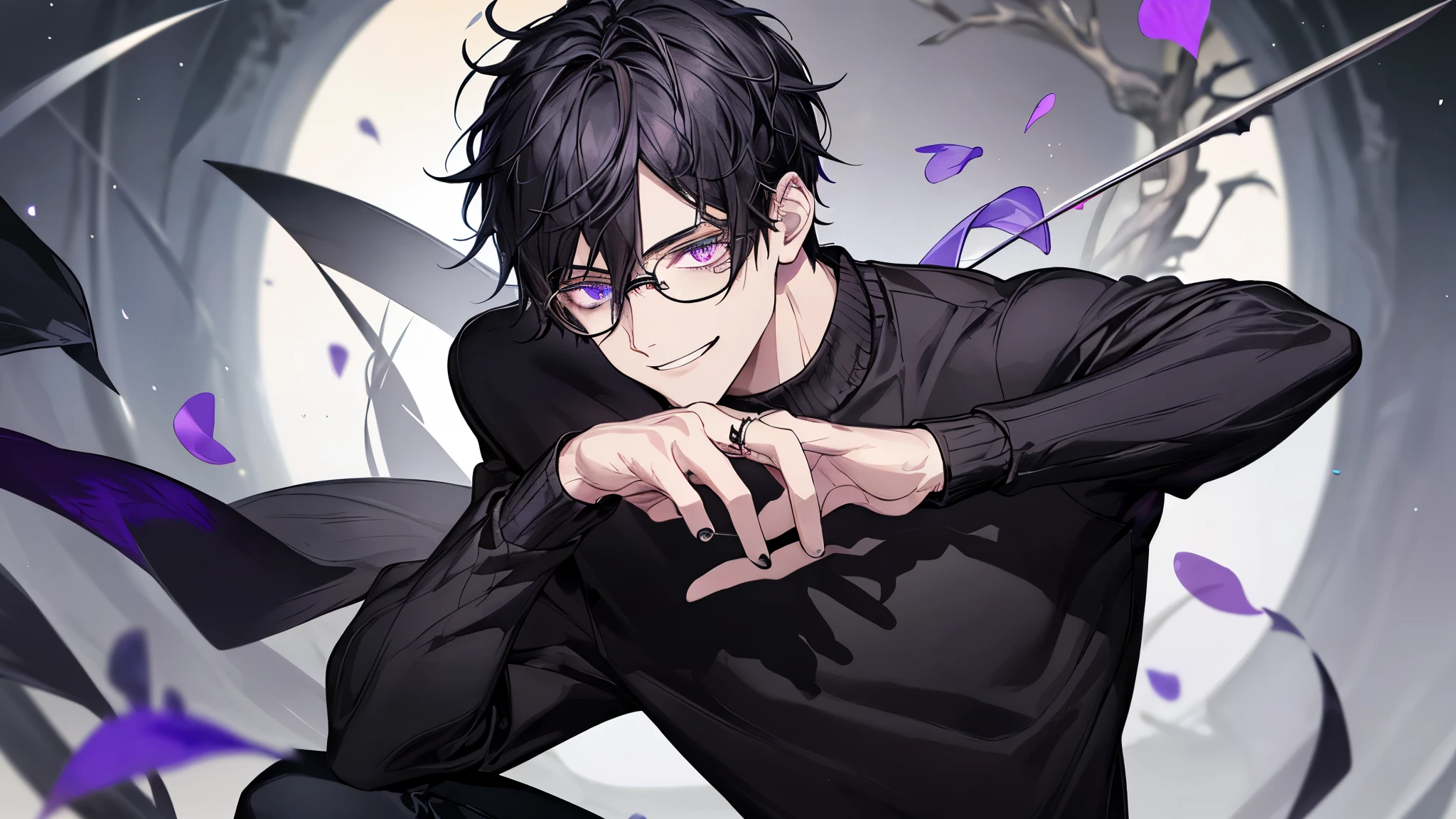 1 guy, black jeans, black sweater, press, Thin, pale, rings on fingers, black nails, Glasses, black hair, a little sporty, Glass eyes, Smiling, cinematic lighting, Best quality,wreath on his head, Tiara on the head, broad sword in the ground, purple saura petals fly on the background, beautiful garden in the background,