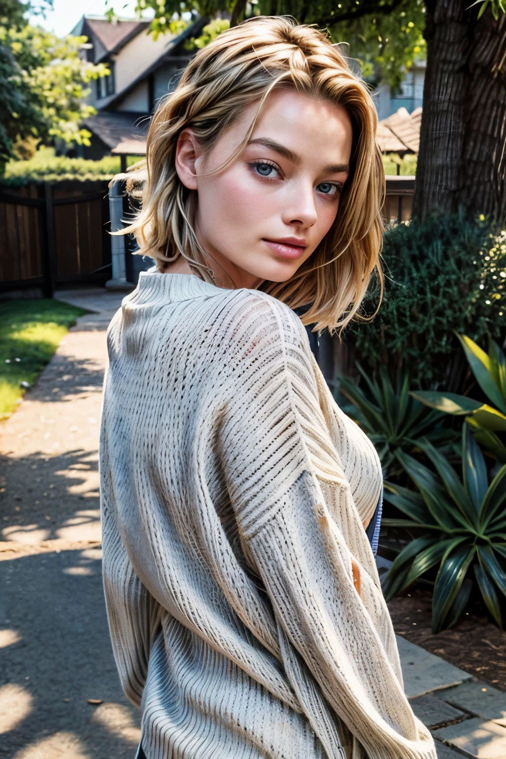 sweater, shy, beautiful eyes, masterpiece, 2k, cute, seductive, Margot Robbie, face only, sweaty, outdoors, sunshine, pov, happy, realistic