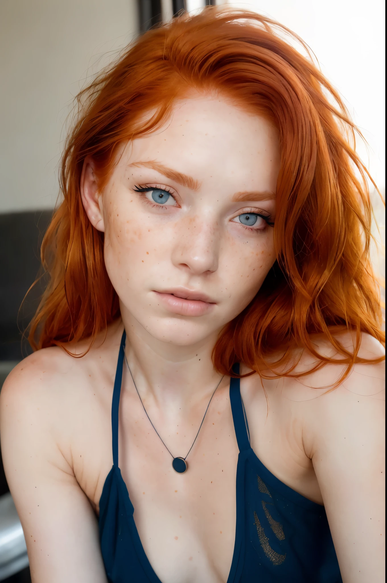 Freckles, acne scars, (dark circles under the eyes:1.3), poor skin condition, (wrinkles:1.5)，raw, a photo of a seductive teenager with loose styled, (redhead hair:1.2), bored, she is wearing a blue halter top, mascara, close up of face, (textured skin, skin pores:1.1), imperfect skin, goosebumps, flawless face, (sun-kissed:1.1), ((photorealistic):1.1),