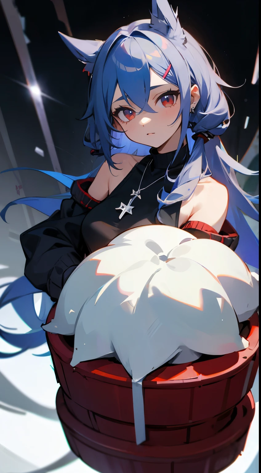 ((masterpiece, best quality)), (1 girl),((Masculine)), Gray shoulder-length hair,Hair curls,Blue hairpins,Red snowflake long sweater,blackigeyes,White pile socks,black短靴,Appropriate silver jewelry,black(cross)Stud earring necklace, ((Tomboyish)),messy hair,crispy breasts,Poker face,Lovely,Handsome, Got it \(bluearchive\),