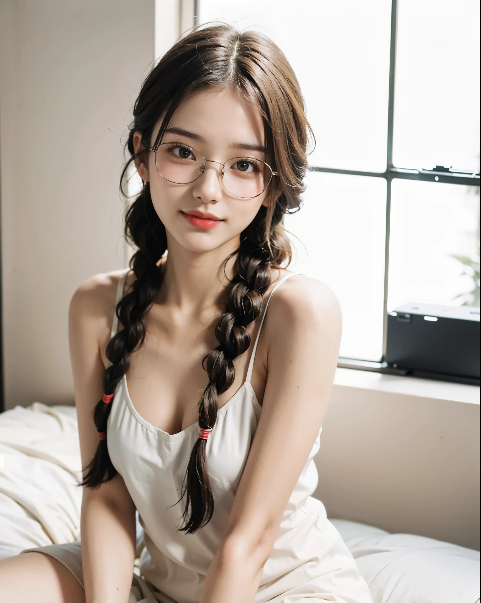 Top quality, one beautiful woman, 20 years old, 35mm lens, f/1, dark brown eyes, glasses, braids, black hair, pale skin, medium chest, slendar body look at viewer, smile, office