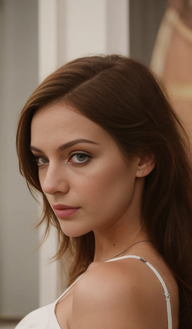 1girl, Solo, Ornamente, Brust, eine Halskette, tief geschnitten, realistisch, braune Haare, braunes Auge, schaut den Betrachter an, big , Lippen, bilden, langes Haar, upper body, Pomade, rotes haar haare, Schieferatmosphäre, filmisch, muted colors, Dunkler Rahmen, muted colors, film grains, Spicy, crazy details, komplizierte Details,
