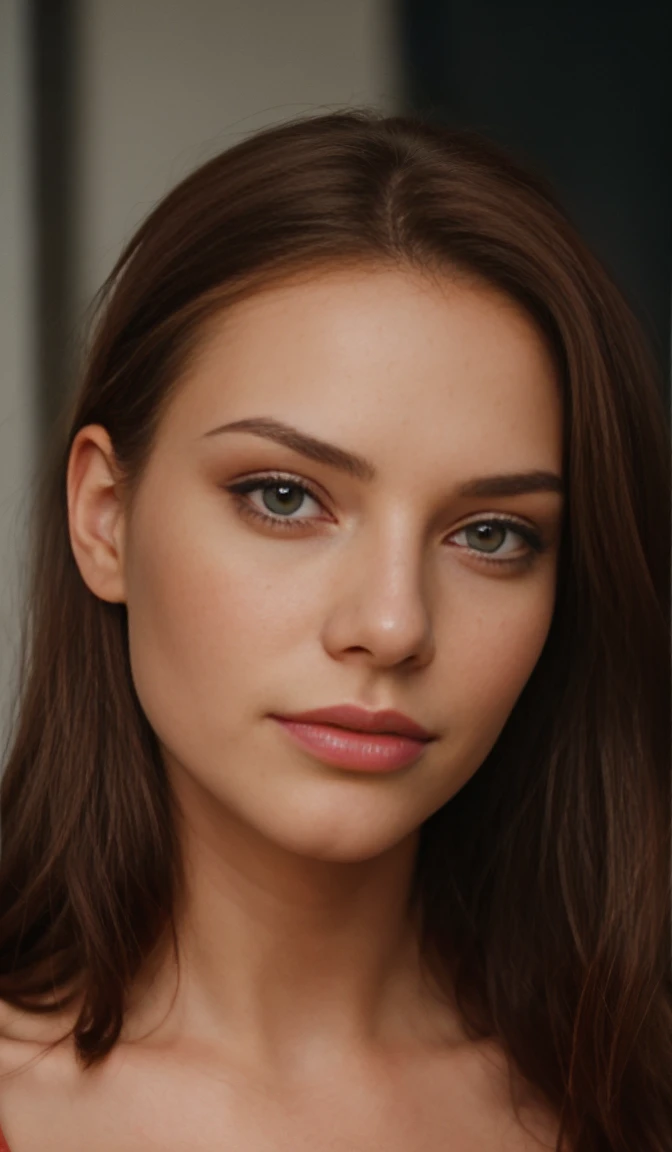1girl, Solo, Ornamente, Brust, eine Halskette, tief geschnitten, realistisch, braune Haare, braunes Auge, schaut den Betrachter an, big , Lippen, bilden, langes Haar, upper body, Pomade, rotes haar haare, Schieferatmosphäre, filmisch, muted colors, Dunkler Rahmen, muted colors, film grains, Spicy, crazy details, komplizierte Details,