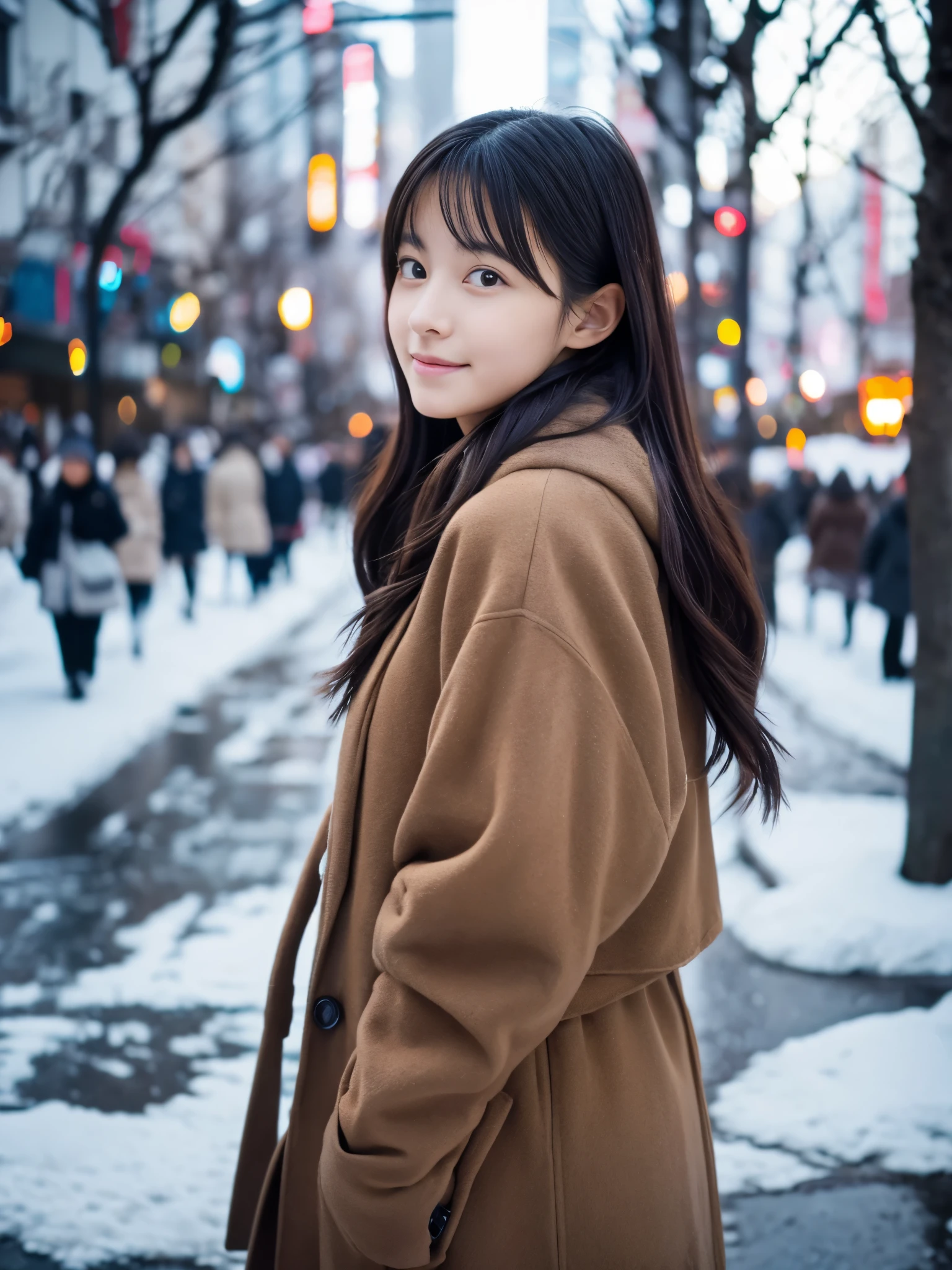 Realism, 8K full-body portrait, beautiful woman, charming expression, sixteen years old, Tokyo eight cities, Winters, Shibuya background