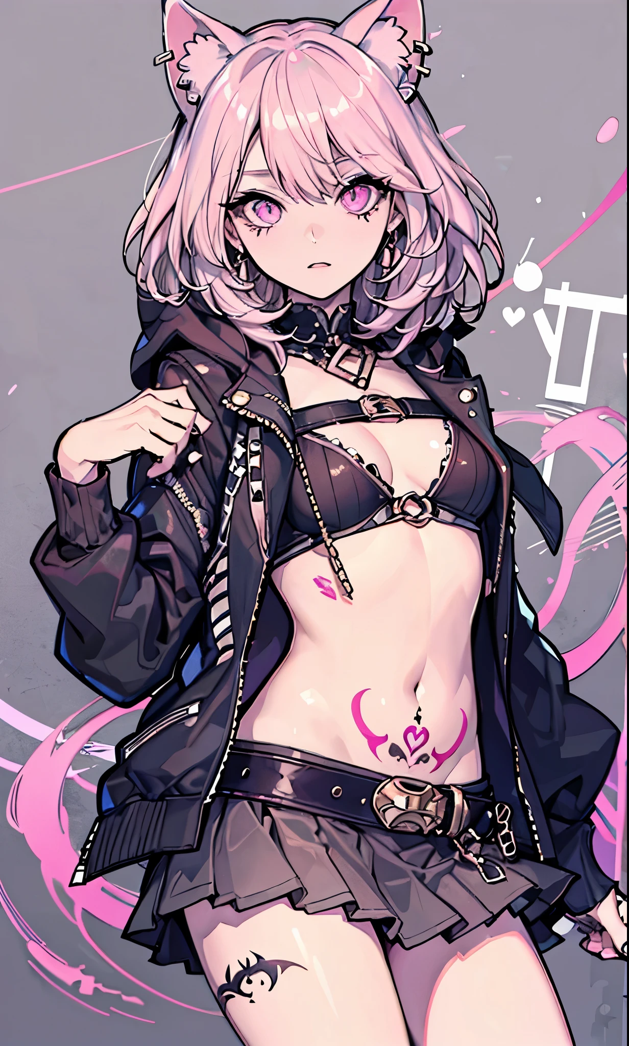 highest quality, clear and well-groomed face, Clear, bright and shining eyes, long eyelashes, punk girl, Cat ear, earrings, body tattoo, Navel exposed, Obscene lines, toned abdomen, mini skirt, belt,
