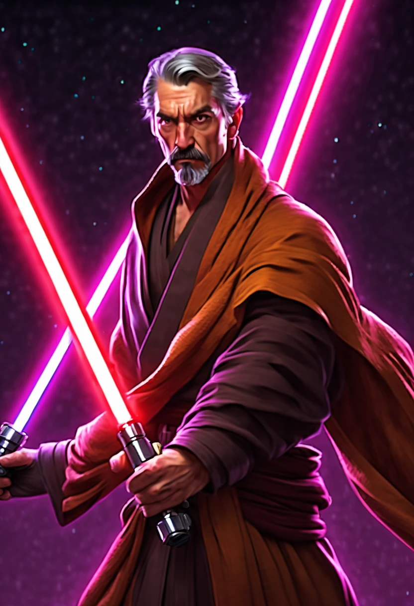 masterpiece, best quality, ultra high res, 8k, perfect anatomy, extremely detailed, game cg, cinematic angle, ((male focus:1.5)), wide shot,
BREAK
((((perfect body:1.2), ((perfect face:1.4)), (perfect hand:1.2), (perfect fingers:1.2), (perfect limb:1.2)))),
BREAK
(((1 man, perfect Jedi knight, handsome man, (ukkripp:1.4), 28years old))), ((very short gray hair, swept back hair)), ((purple eyes)), ((viper eyes:1.3)), (serious face:1.3), ((duel)), ((fighting stance)),
BREAK
((((holding 1 purple neon luminous twin light saber)))):1.4, ((holding sword, holding weapon)), ((gun holster, thigh holster))
BREAK
((fusion of body armor and japanese clothes)), (brown robe:1.4),(brown hood),
BREAK
background, (spaceship:1.2)
