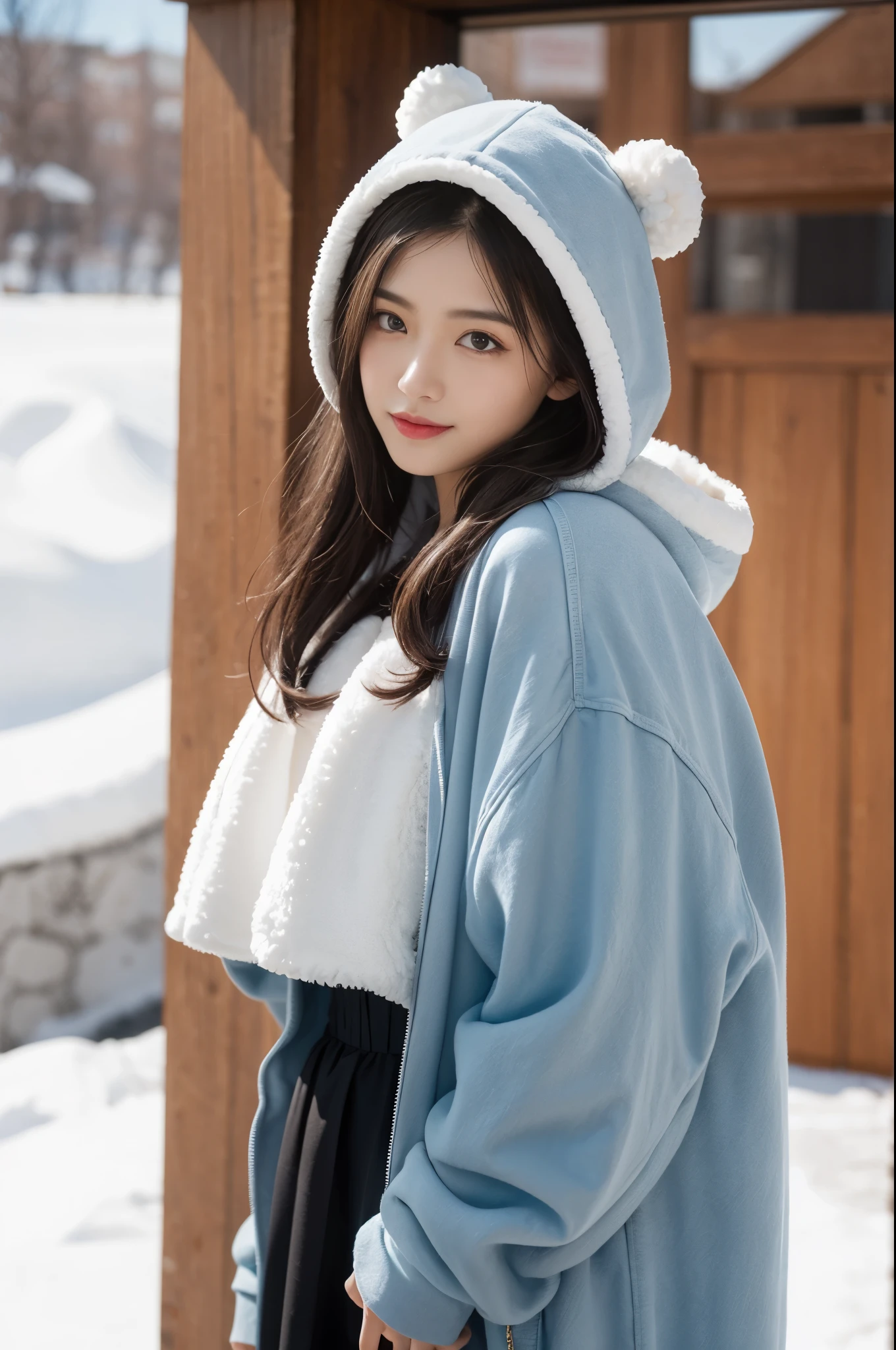 1 girl，hoody，fur cape，Blue hair，ssmile，****ta costume，Extra-long hair，Red bow hair ornament，Squat and sit，The content is very detailed,center frame,Focus sharp,城市，natta，Snow resort，Blizzarding，luring，8K，tmasterpiece，winning artwork，