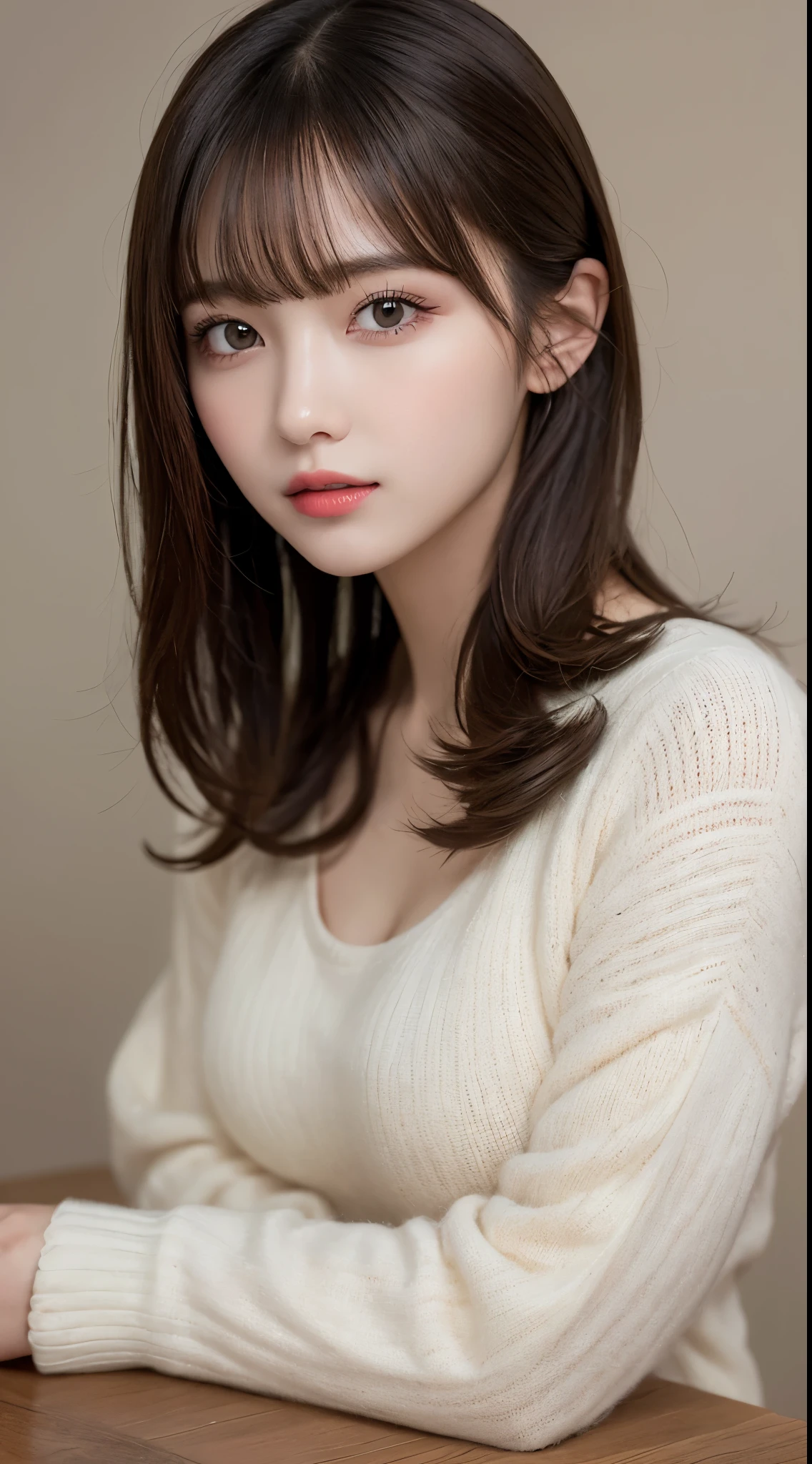 on the table, best quality, illustration, Super detailed, fine details, high resolution, 8k wallpaper, Perfect dynamic composition, Beautiful and delicate eyes, woman's stylish fluffy winter clothing,medium hair,Natural color lips for small breasts, Bold sexy pose、20 year old girl、Lovely、Sexy shot looking at camera,original photo