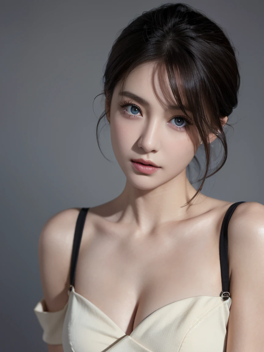 top-quality、masterpiece、超A high resolution、(Photorealsitic:1.5)、Raw foto、Skin Tight Black Top:1.2, Looking at Viewer, Cinematic lighting, Perfect, softlight, High resolution skin:1.2, Realistic skin texture, 30 years old mature woman、Large breasts,a small face、no-makeup、off shoulders, Exposed cleavage, Blue eyes, Short hair,dark brown hair、Bust B Cup、Small breasts、fullnude、Gray background sexy high