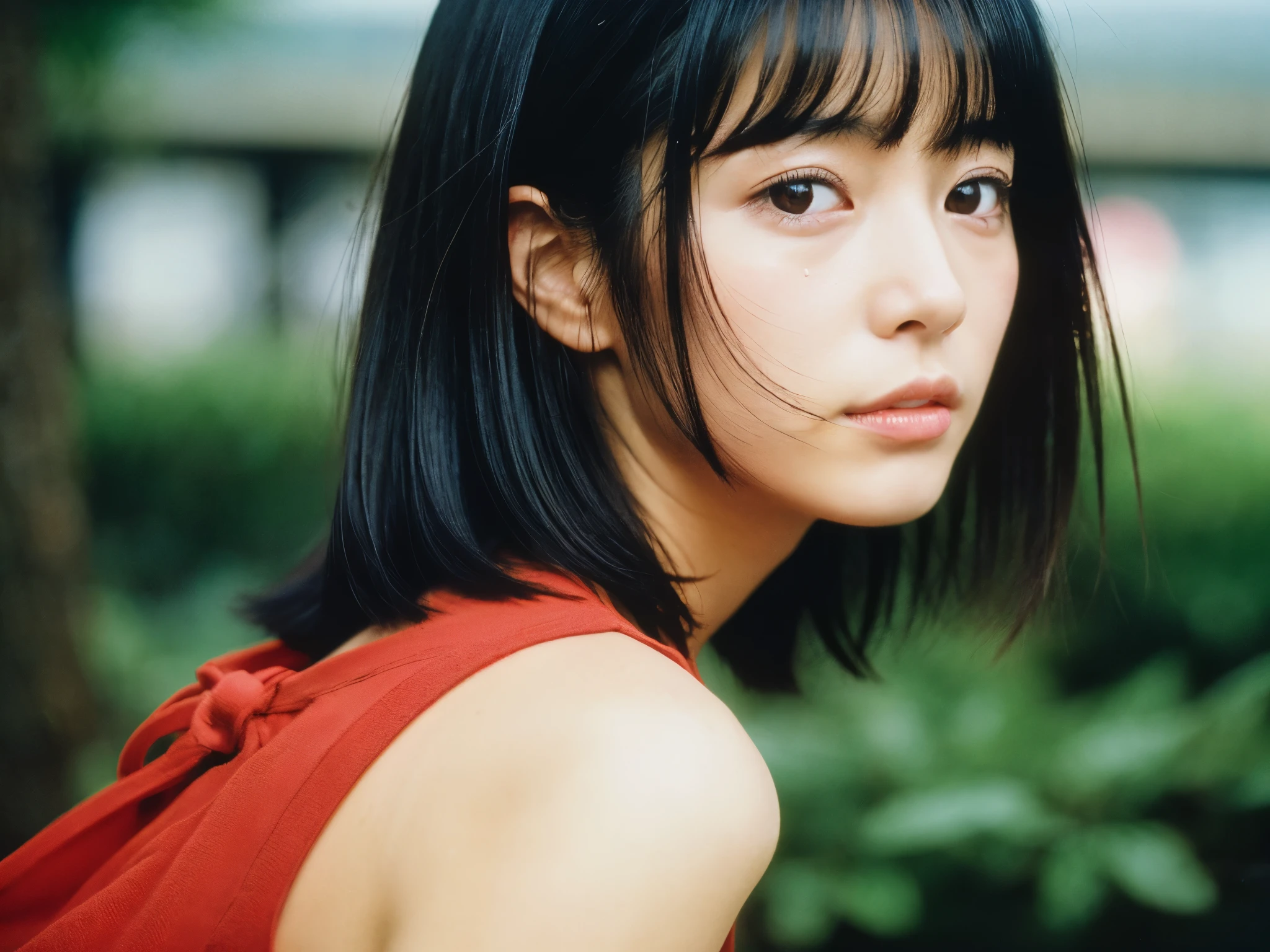 (8K, realistic, Raw photo, highest quality: 1.4),quick snap,photo,japan,1990s,Japanese beauty、21age、black hair bob、look back、Look like you're about to cry