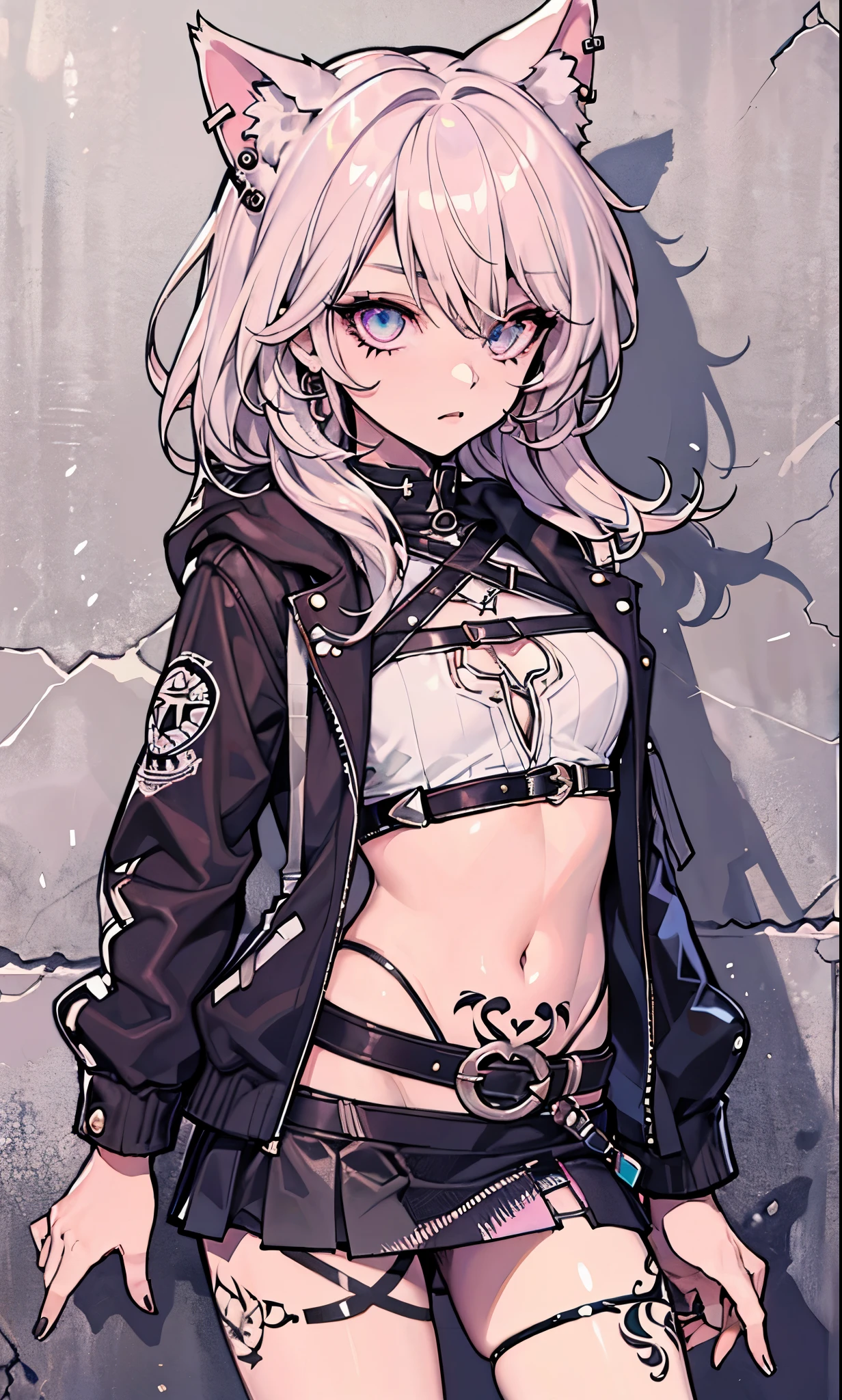 (best quality, masterpiece, ultra-detailed, 32k:1.2), simple lines, anime style, pastel goth punkgirl, perfect body, ((huge breasts)), wide hips, choker, chains, spikes, dark background, vibrant