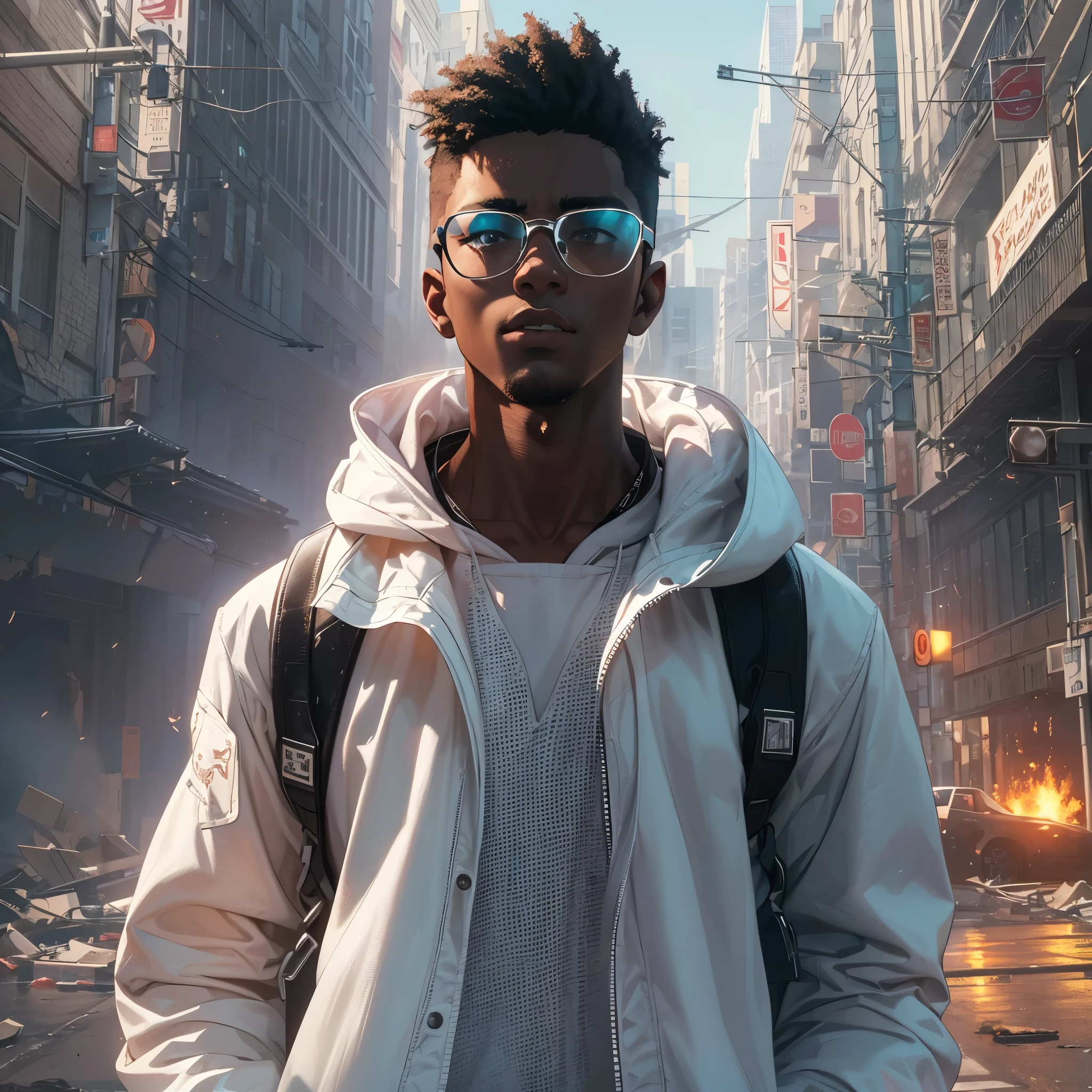 Capture the breathtaking moment as a young, dark-skinned man wearing glasses, dressed in a crisp white windbreaker hoodie crashes walks away from an explosion. This RAW masterpiece showcases an ultra-high resolution, photorealistic full-body portrait, illuminated by the warm glow of sunlight. The scene is rendered in the captivating style of mecha sci-fi anime, boasting an impressive 8K resolution for the best quality imagery. Crafted with Unreal Engine 1.4, this piece features ultra-realistic 64K CG, skin texture at 1.4, and volumetric fog to add depth and atmosphere. The details are further enhanced with 8K UHD, DSLR quality, film grain, and the artistic touch of lomography. The result is a stunning blend of high-quality visuals, translucent effects, and photorealism that truly captivates the viewer.
