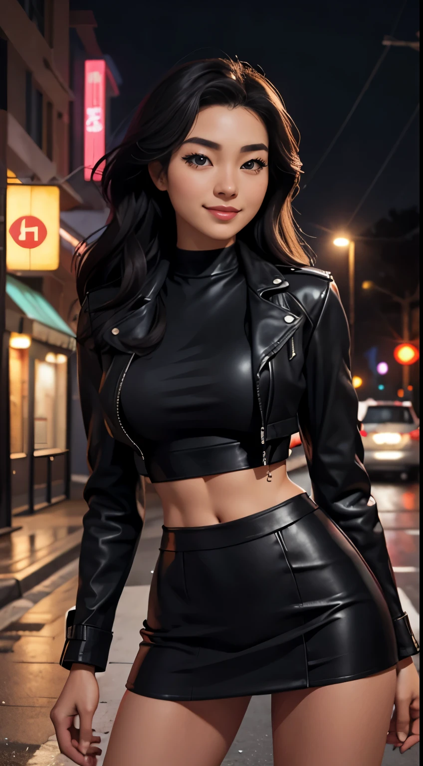 Foto hiperrealista en primer plano de Kim Joo from Korea, masterpiece, best quality, (photorealistic:1.4), full body, (black biker jacket over black crop top:1.1), (black leather mini skirt:1.2) night street after rain, neons, cinematic light, beautiful woman, skinny, large big breasts, black long hair, detailed face, smile, facing the camera, photo taken from a distance, age of 25 years old