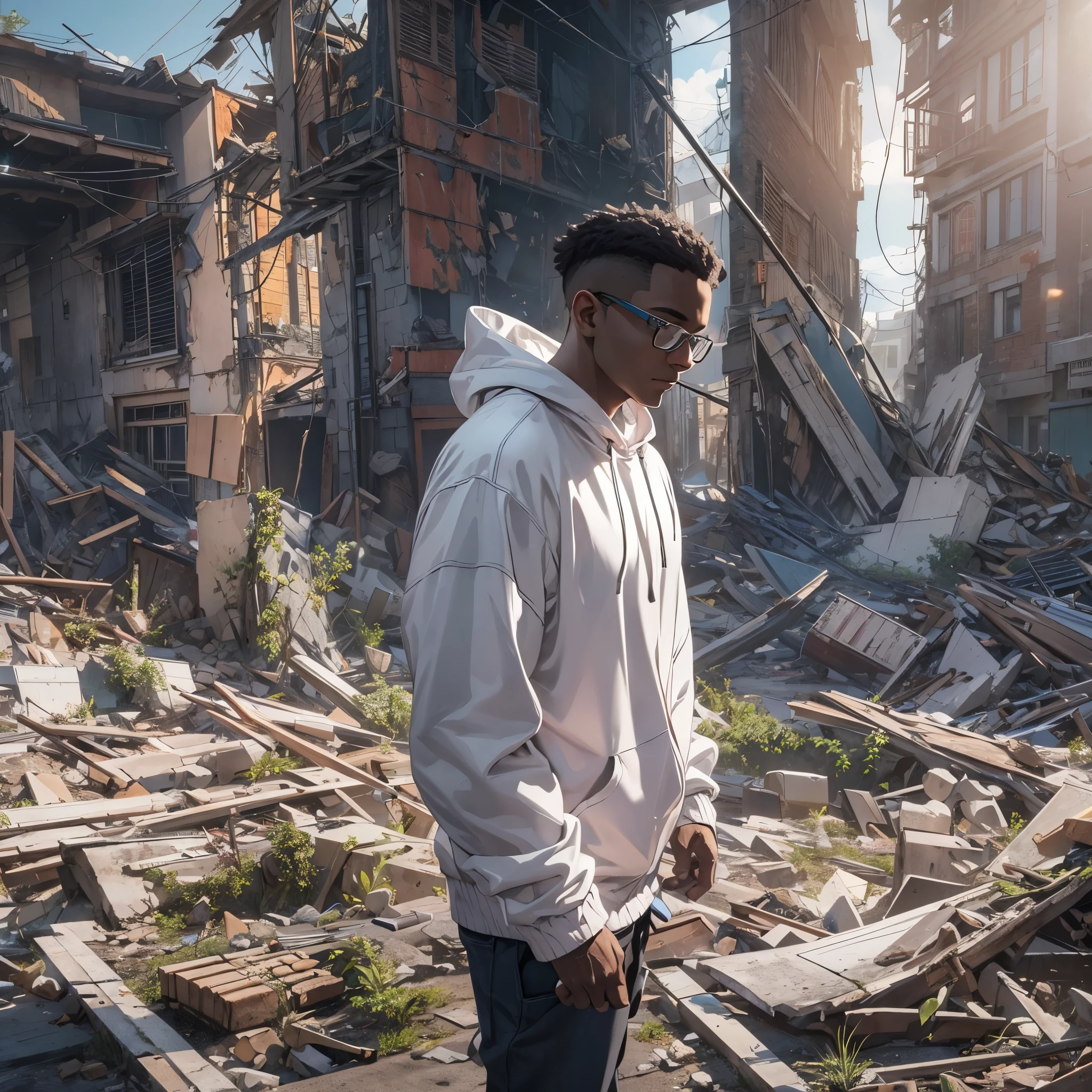 Capture the breathtaking moment as a young, dark-skinned man wearing glasses, dressed in a crisp white windbreaker hoodie, holds a katana while inspecting the remains of a building turned to rubble by an explosion. This RAW masterpiece showcases an ultra-high resolution, photorealistic full-body portrait, illuminated by the warm glow of sunlight. The scene is rendered in the captivating style of mecha sci-fi anime, boasting an impressive 8K resolution for the best quality imagery. Crafted with Unreal Engine 1.4, this piece features ultra-realistic 64K CG, skin texture at 1.4, and volumetric fog to add depth and atmosphere. The details are further enhanced with 8K UHD, DSLR quality, film grain, and the artistic touch of lomography. The result is a stunning blend of high-quality visuals, translucent effects, and photorealism that truly captivates the viewer.
