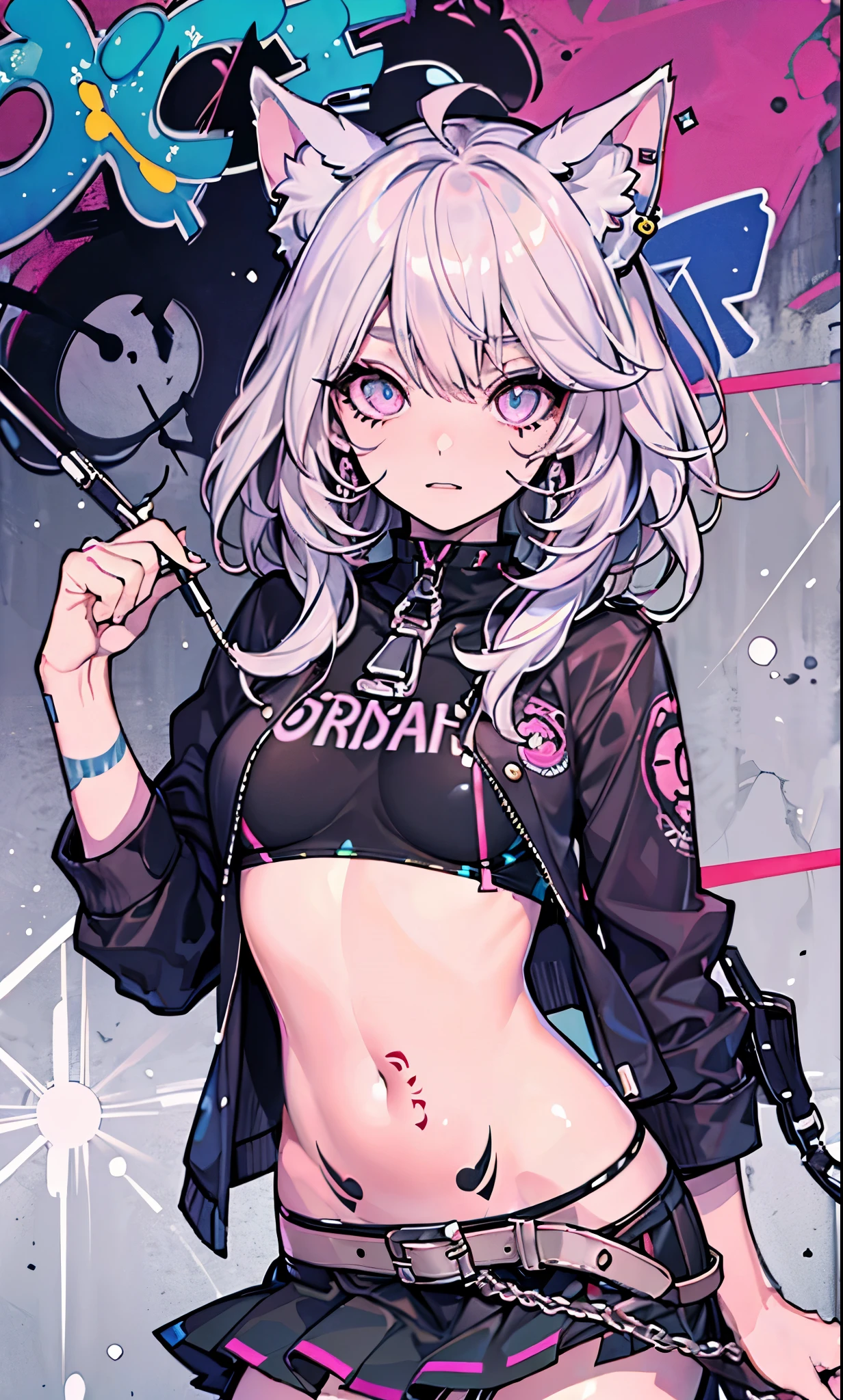highest quality, clear and well-groomed face, Clear, bright and shining eyes, long eyelashes, punk girl, Cat ear, earrings, body tattoo, Navel exposed, Obscene lines, toned abdomen, mini skirt, belt, Graffiti Art,