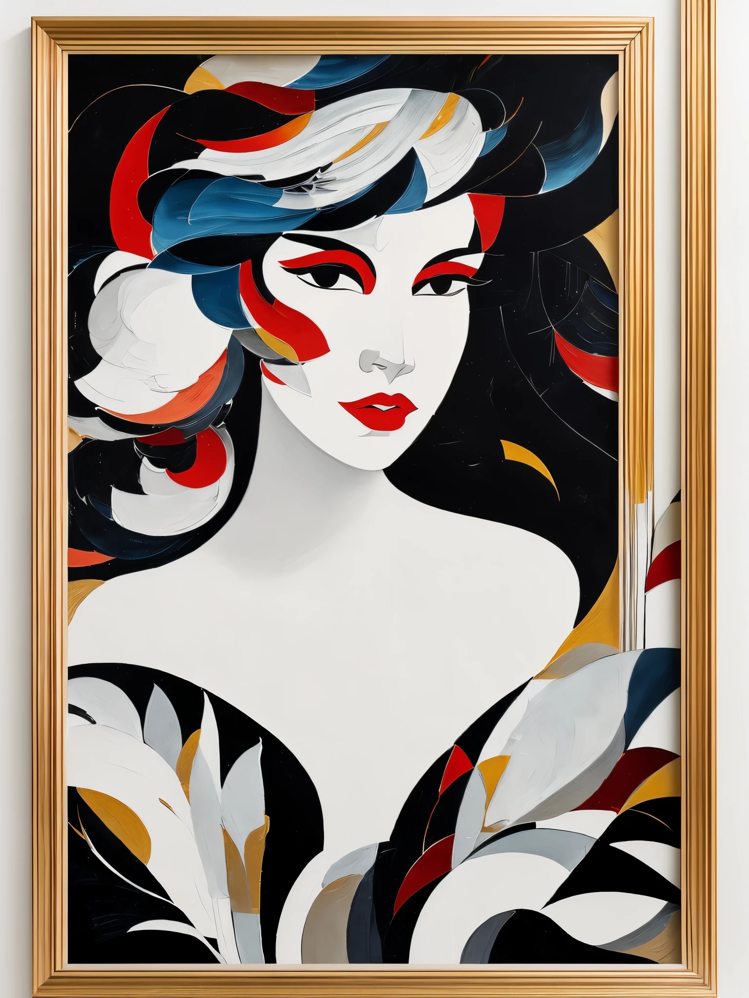 there is a massive painting in white room, ((art resemble woman portrait, art deco painting in frame on the wall by Georges Lepape)), abstract, in minimalist interior room, white room, detailed
