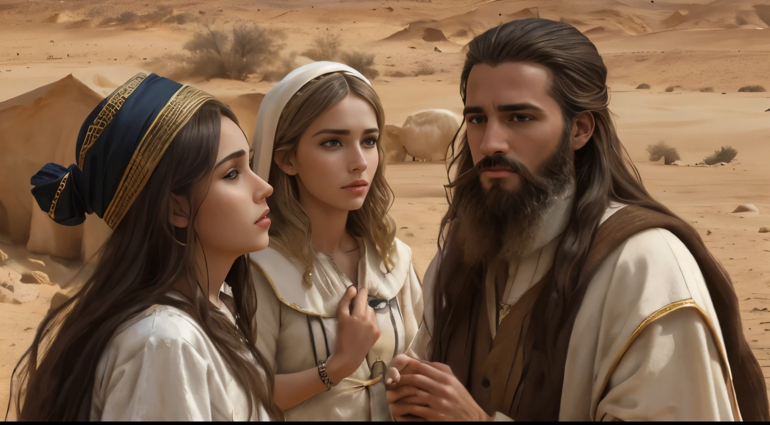 many men, fotografia, biblical portrait of Jacob with two women, com rebanho de ovelhas atras , deserto, barba, trajes biblicos, realista, absurdos, detalhado,