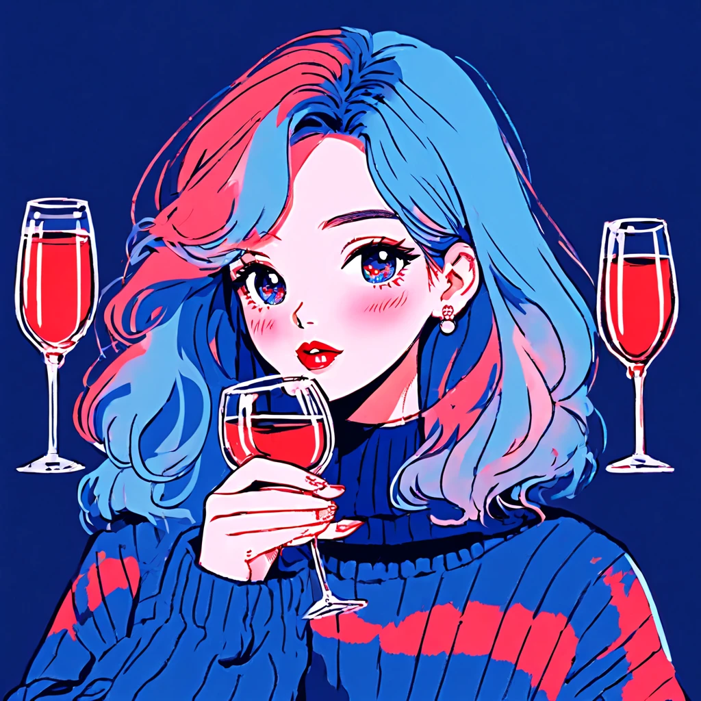 Illustrator, Japanese cartoons , actual ,sketch , 1 girl, Wine glass in hand,red lips, sweater,Order, Blue gradient background, Neon hair,有纹理的sweater织物,Beautiful face , (masterpiece,best quality)