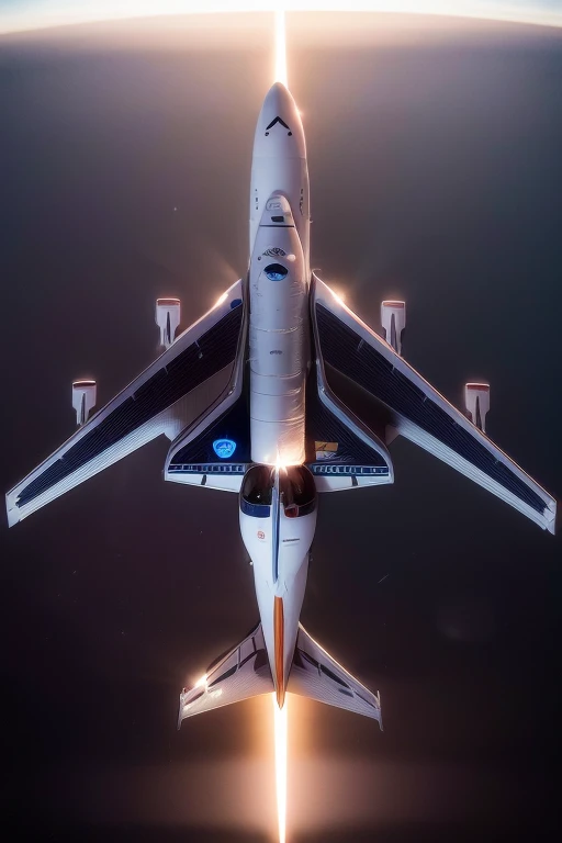 Arafran view of a large passenger jet flying in the sky, 航天airplane, nasa space tourism, piloting a small 航天airplane, space tourism, 绝密太空airplane, 3/4 View from below, airplane, it has six thrusters in the back, spaceship, front perspective, 太空中的太空spaceship, extremely symmetrical, NASA photo, NASA photography, 宇宙spaceship