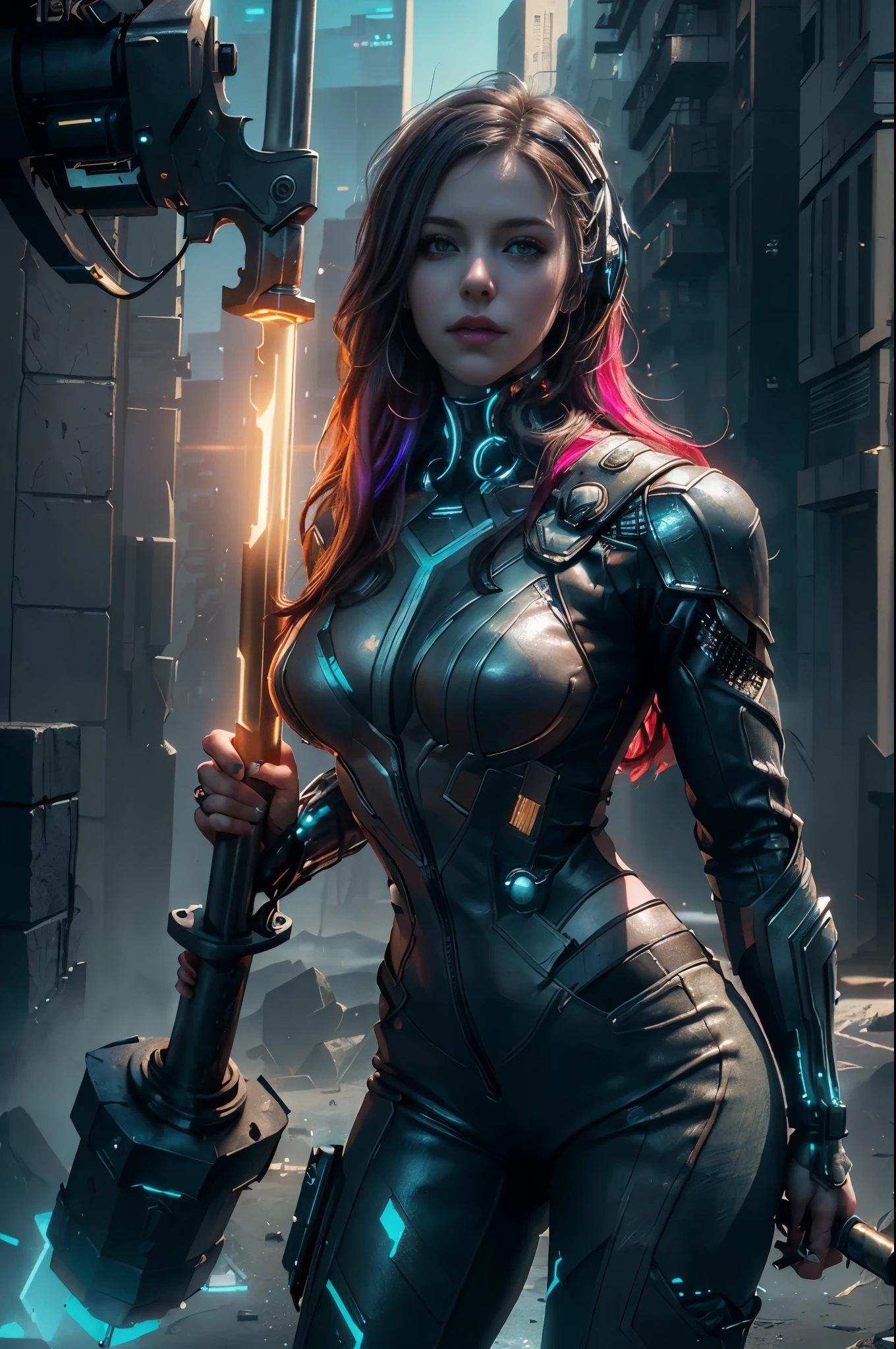 (Photorealistic:1.4) image of a cyber punk Teagan Presley (holding a huge hammer like it was Thor's) (top-quality, 8K, 32K, masterpiece), (dynamic pose), ((facing camera)), (looking at camera), cowboy shot, shapeless hair, colorful cyberpunk white clothing, depth of field f/1.8, cyberpunk city background, cinematic lighting. 8k masterpiece high quality