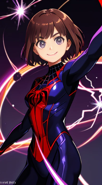 young girl, short brown hair, purple eyes, Spider-Man 2099 Shape, smile, spider web, lightning, masterpiece, high quality
