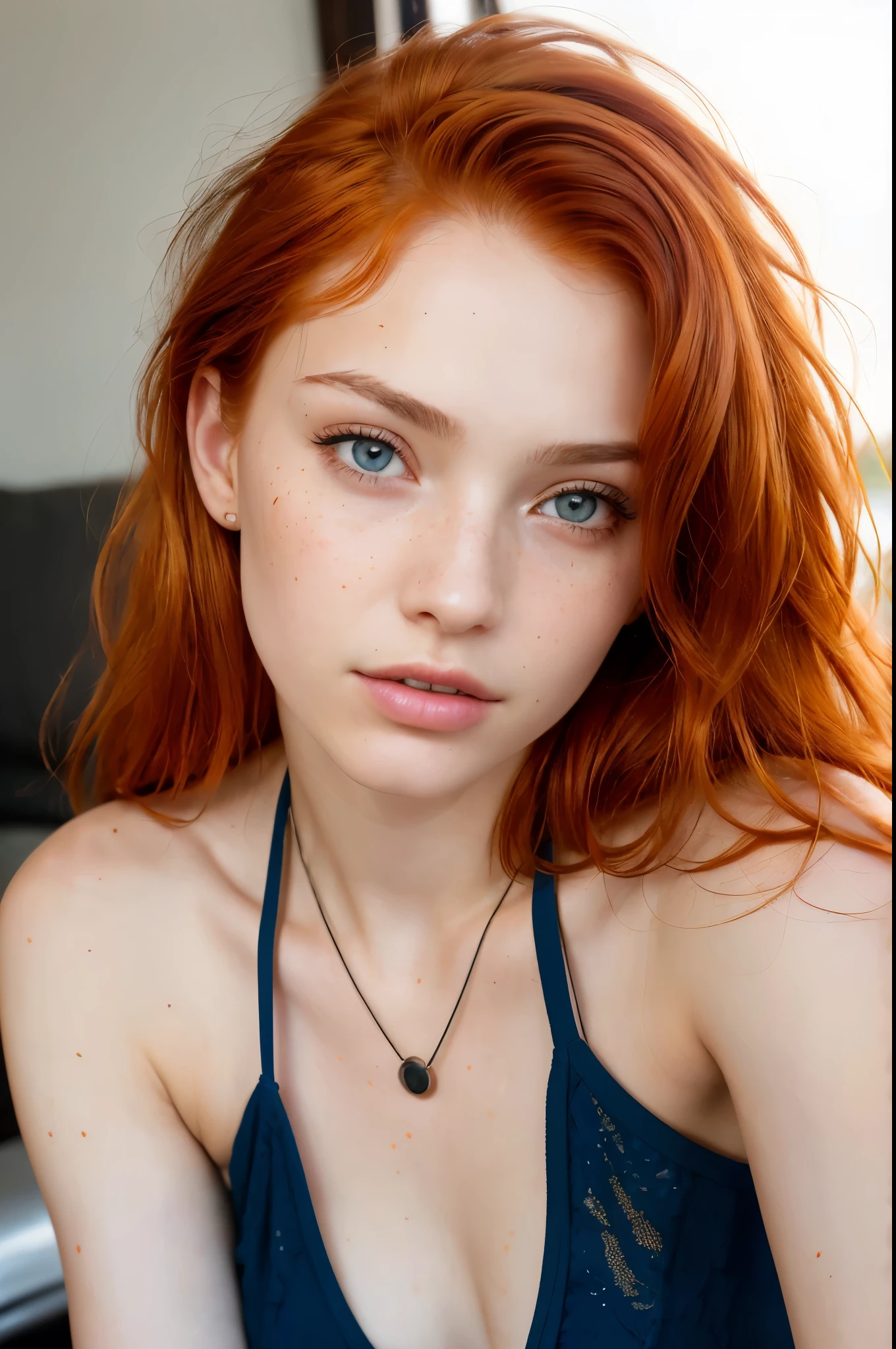 1girl, , solo,(Exquisite facial details:1.3), (skin texture:1.3), skin texture,Freckles, acne scars, (dark circles under the eyes:1.3), poor skin condition, (wrinkles:1.5)， (redhead hair:1.2), bored, she is wearing a blue halter top, mascara, close up of face, (textured skin, skin pores:1.1), imperfect skin, goosebumps, flawless face, (sun-kissed:1.1), ((photorealistic):1.1),
