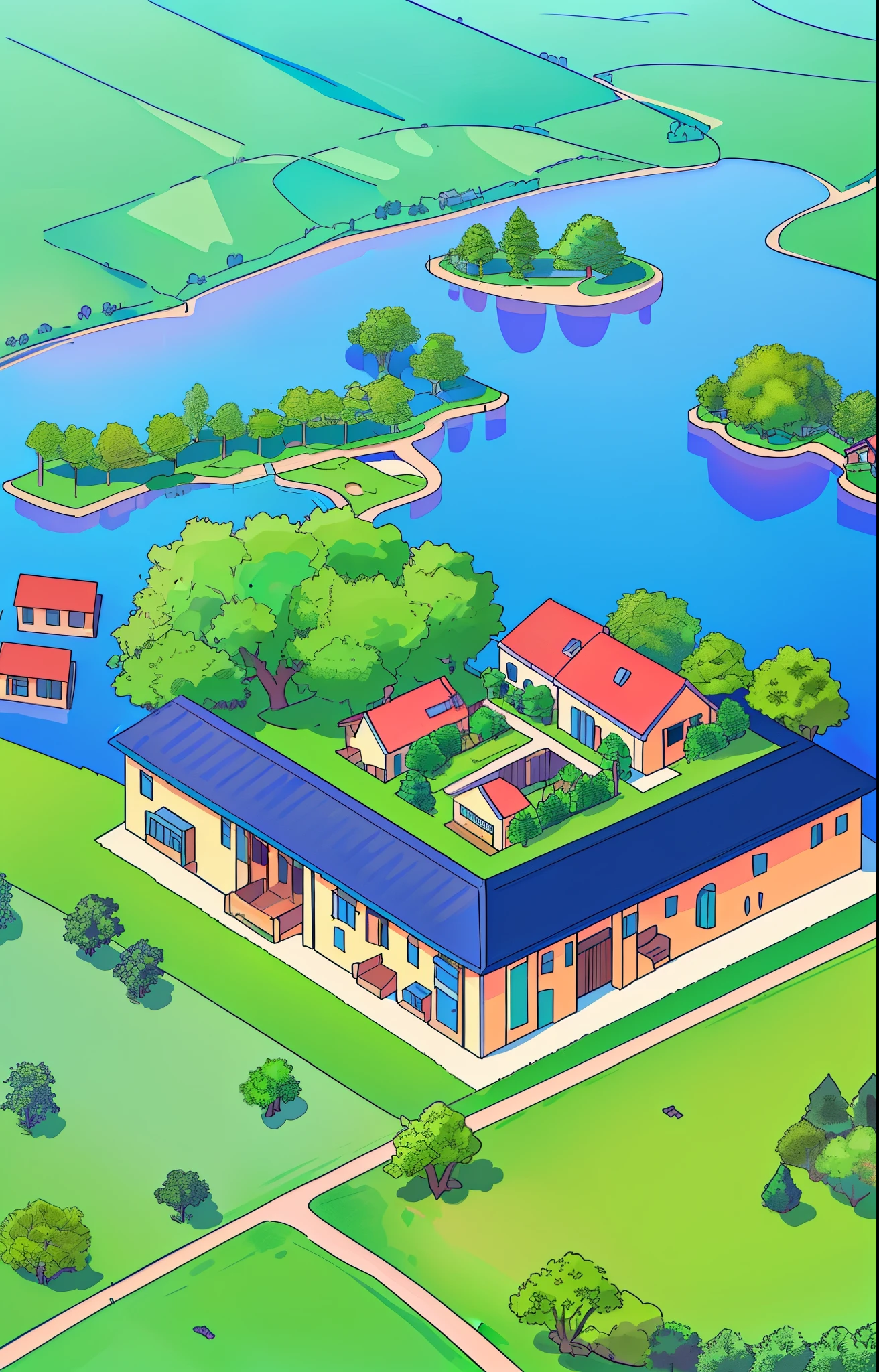 Level designe de um vilarejo com quatro casas, next to the house on the left there is a plantation next to a lake.  There are some trees around the village. Isometric view from above. Cellshade. Anime fofo. 