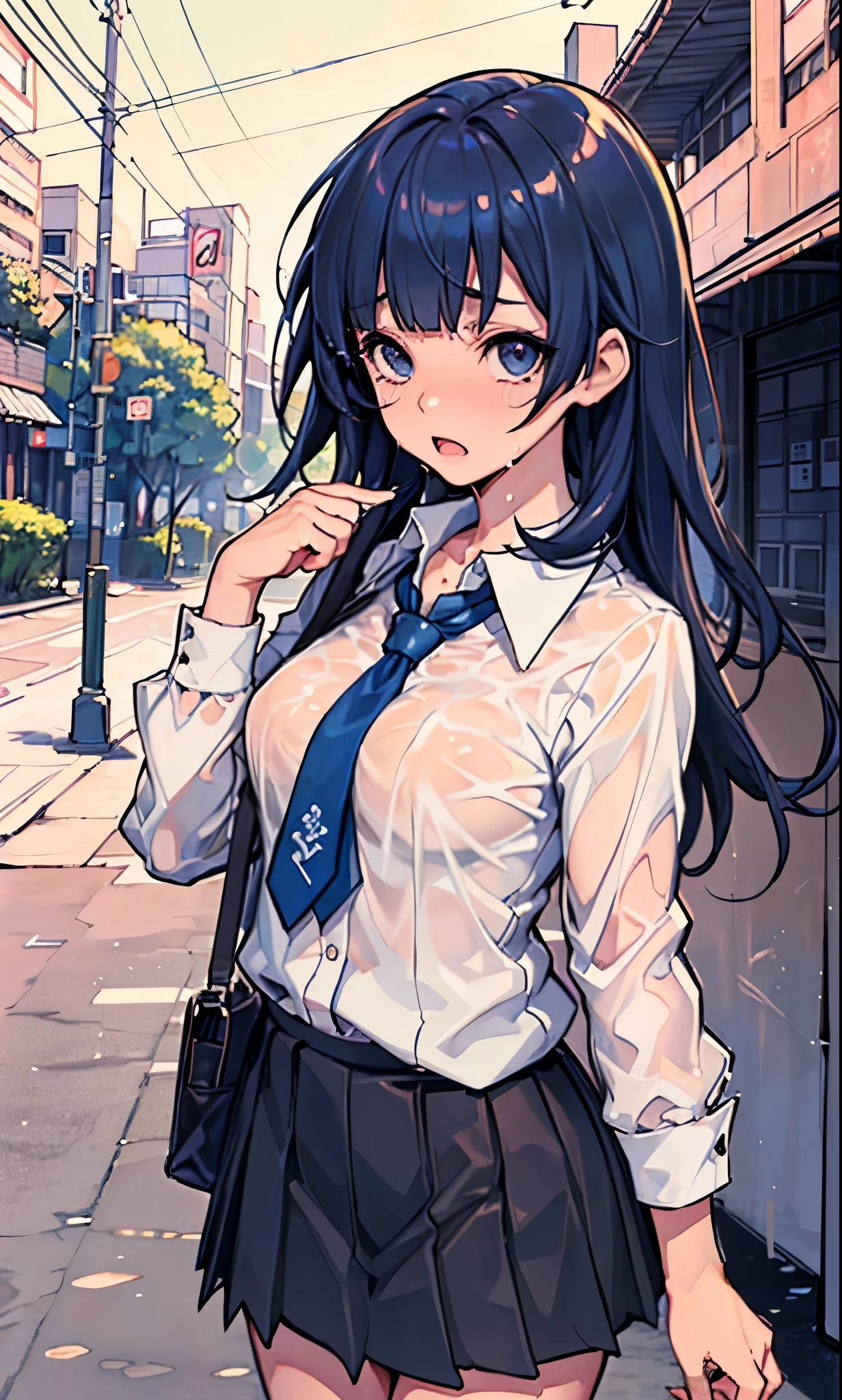 (masterpiece:1.3, highest quality,pixiv),nsfw,wet,
1woman, 18歳、alone,プリーツスカート、 tie, (小さい頭:1.2)、black hair, long hair,blunt bangs,pleated skirt,, school uniform, white shirt, blue hair, black skirt,, looking at the viewer, collared shirt,Medium chest, long sleeve, black eyes,tearful,公園、屋外、