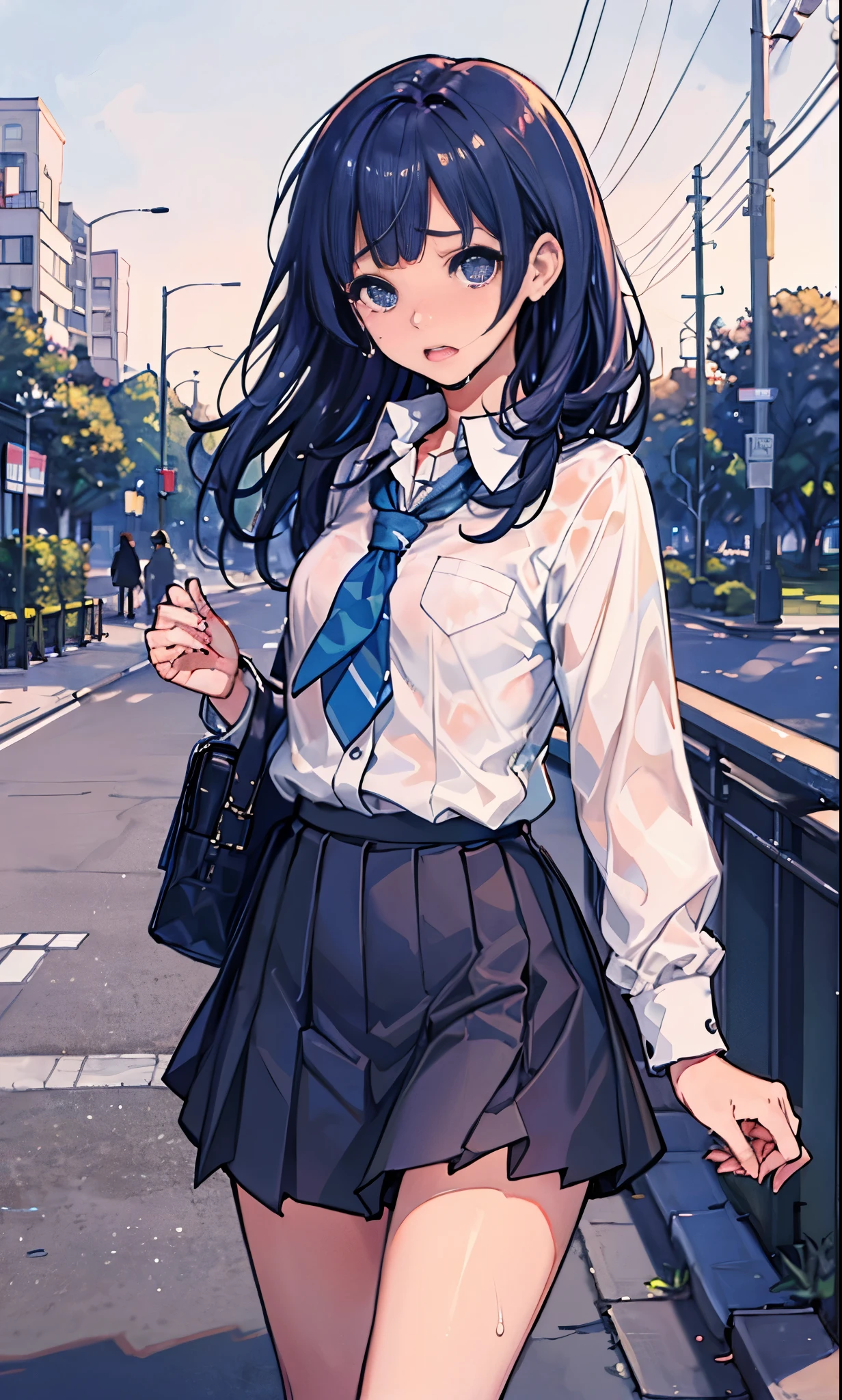 ((masterpiece、highest quality、Super detailed))、One girl、Black Hair、aaanna、long hair、brown eyes、smile、collarbone、collared shirt、white shirt、sleeves rolled up、pleated skirt、blue skirt、((miniskirt:1.2))、Cowboy Shot、City Background