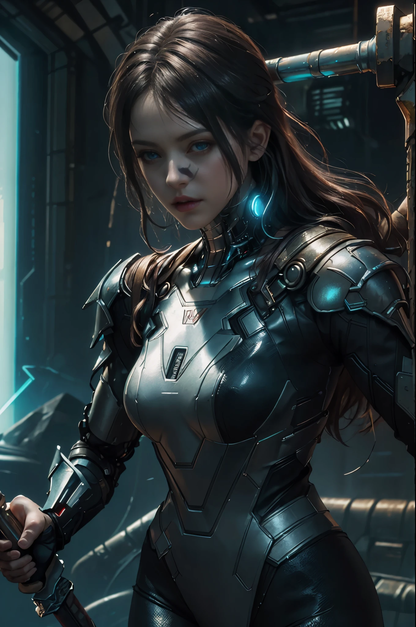 (Photorealistic:1.4) image of a cyber punk Teagan Presley (holding a huge hammer like it was Thor's) (top-quality, 8K, 32K, masterpiece), (dynamic pose), ((facing camera)), (looking at camera), cowboy shot, shapeless hair, white cyberpunk swinsuit armored clothing, depth of field f/1.8, cyberpunk city background, cinematic lighting. 8k masterpiece high quality