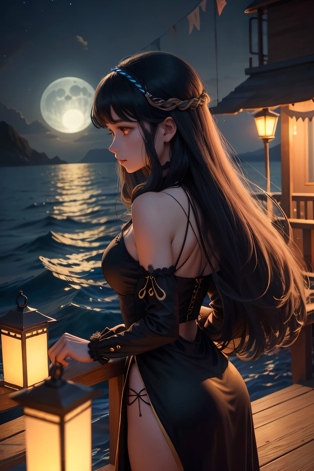 Bask in the enchanting atmospheres of a moonlit pier, where ghostly ships glide in with a supernatural anime aesthetic. Senses are heightened as the inky black water mirrors the night sky, and the eerie glow of lanterns casts elongated shadows on the pier's wooden planks. In the stillness of the night, one can almost hear the whispers of ancient maritime spirits as they make their ethereal appearance.