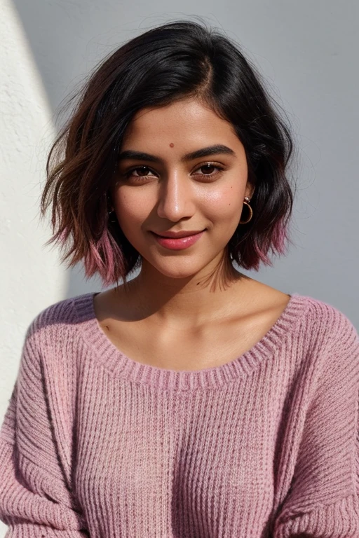 instagram photo, 21yo french woman, short hair, black hair, closeup portrait, sweater, pale, hard shadows make Full realistic Indian Look.pink color BEST sweater . make relaistic and icrese hair length little bit , change pose of photo click and smiling face lol 