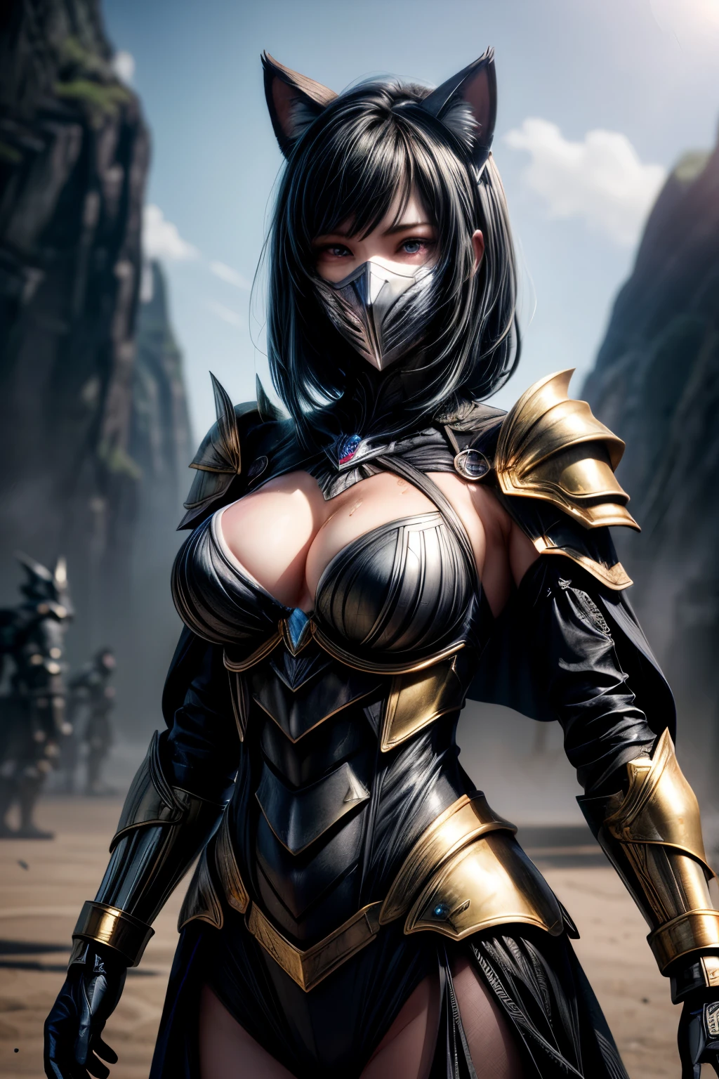 1girl, black hair, blue eyes, wearing full body armored suit, absurdres, high res, ultrasharp, 8K, masterpiece, looking at viewer, cat girl ears same color as hair, mask, hands armored gloves, long cape, global illumination, primitive， tmasterpiece， ultra fine photos， best qualtiy， realisticlying， rays of sunshine， full-body portraits， stunningly beautifu, cleavage breasts， dynamicposes， delicated face， Vibrant eye，Gold trims，Sweat profusely，very highly detailed background， detailed background， opulent， milkyW， highdetailskin， Realistic details of skin，Visible pores，Clear focus，volume fog，8K UHD，digital SLR camera，high high quality，filmgrain，White skin of the，photorealisti，DL，Utopian metropolis of the future，look from down，semi transparent