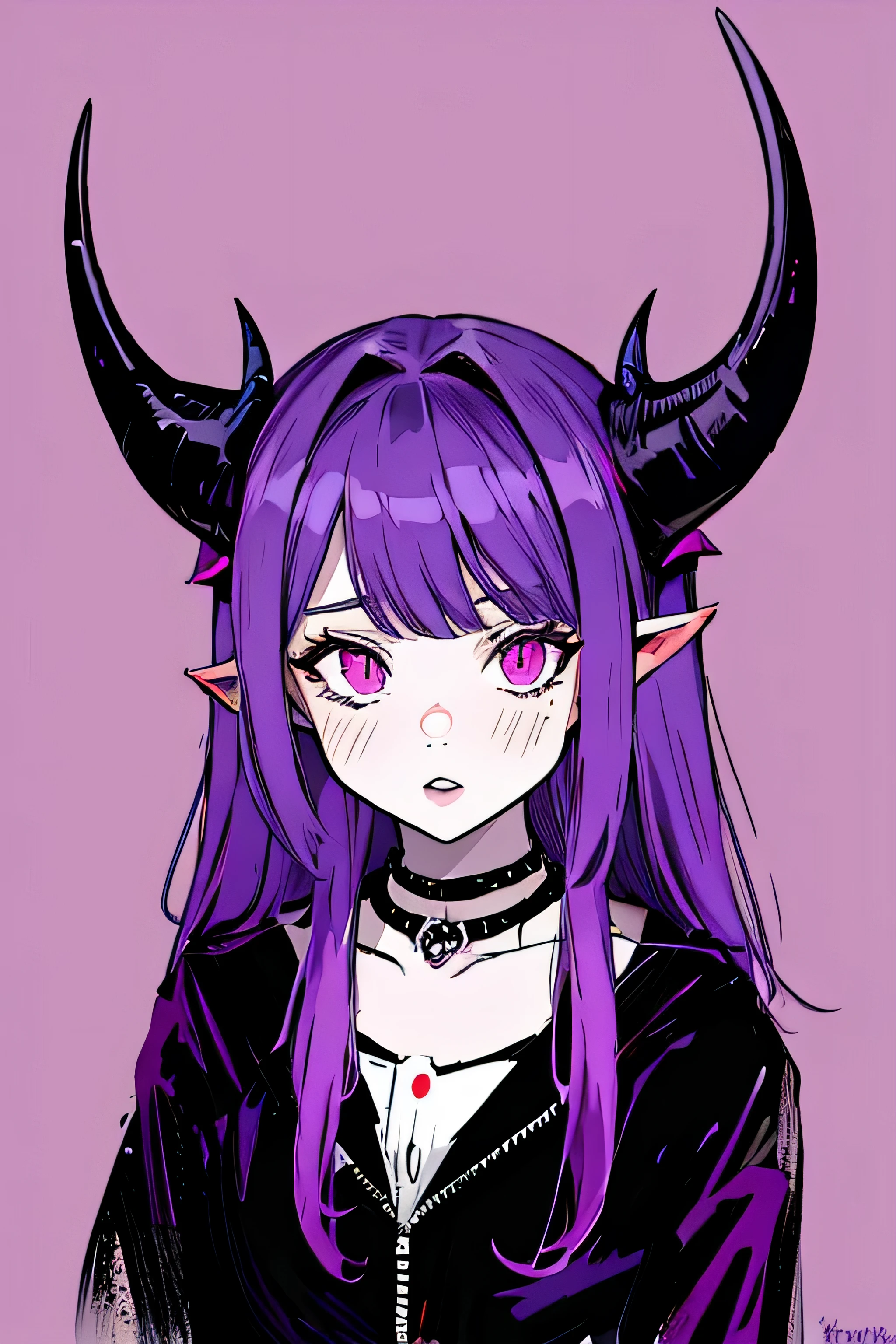 make a horror phonk portrait of a devil horned girl in violett colors