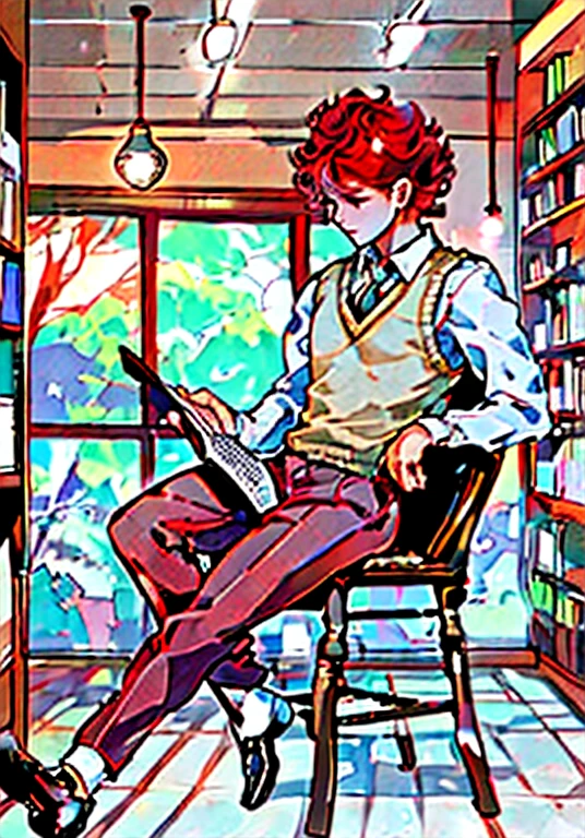 (best quality,high-resolution,ultra-detailed),1 boy,alone,(red-haired,curly-haired,short-haired),elegant,extremely detailed,full body,indoor,study room,books,pen,V-neck sweater vest,suit,leather shoes.
