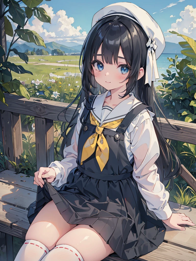 photo realistic, (masterpiece,best quality:1.4),(8k,raw photo,photo realistic:1.2),Not Safe for Work, detailed skin,detailed face,1girl, idol, cute face, super resolution,retro realistic details Illustration,,{{{elaborate,intricately,fantastic,delicately,tremendous,meticulous,minute,incredibly,obsessed,artisan's,subtle,virtuoso,skillful,vibrant, vivid, complex}}}, clearly focus edge, fresh natural gradation, best quality, amazing quality, very aesthetic, absurdres, (((Black pinafore dress))), mini skirt, (((No panties))), (twat), happy, medium bob, (Black hair), ((straight hair)), shimmering eyes, Blue eyes, droopy eyes, long hair, hair pulled back, , , 10-yo, a smile, red blush, (((wearing a white sling on head))), (((sitting skirt-lift))), panties shot, (from below), up-skirt, (White beret,Comes with a Pink bow), ((White kneehighs)), loafers, School backpack, flat chest, beautiful hands, ((yellow neckerchief)), baby face , staem,