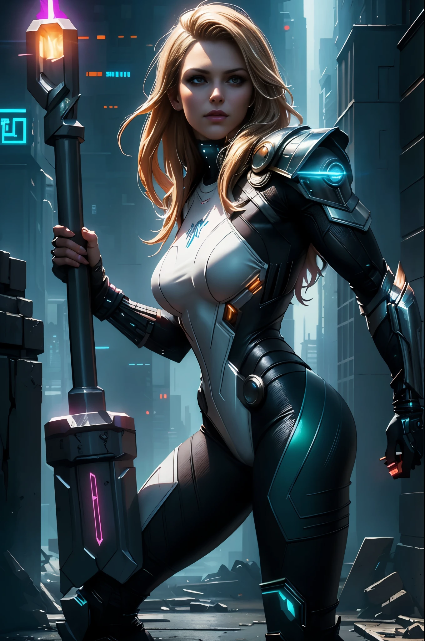 (Photorealistic:1.4) image of a cyber punk Teagan Presley (holding a huge hammer like it was Thor's) (top-quality, 8K, 32K, masterpiece), (dynamic pose), ((facing camera)), (looking at camera), cowboy shot, shapeless hair, white cyberpunk swinsuit armored clothing, depth of field f/1.8, cyberpunk city background, cinematic lighting. 8k masterpiece high quality
