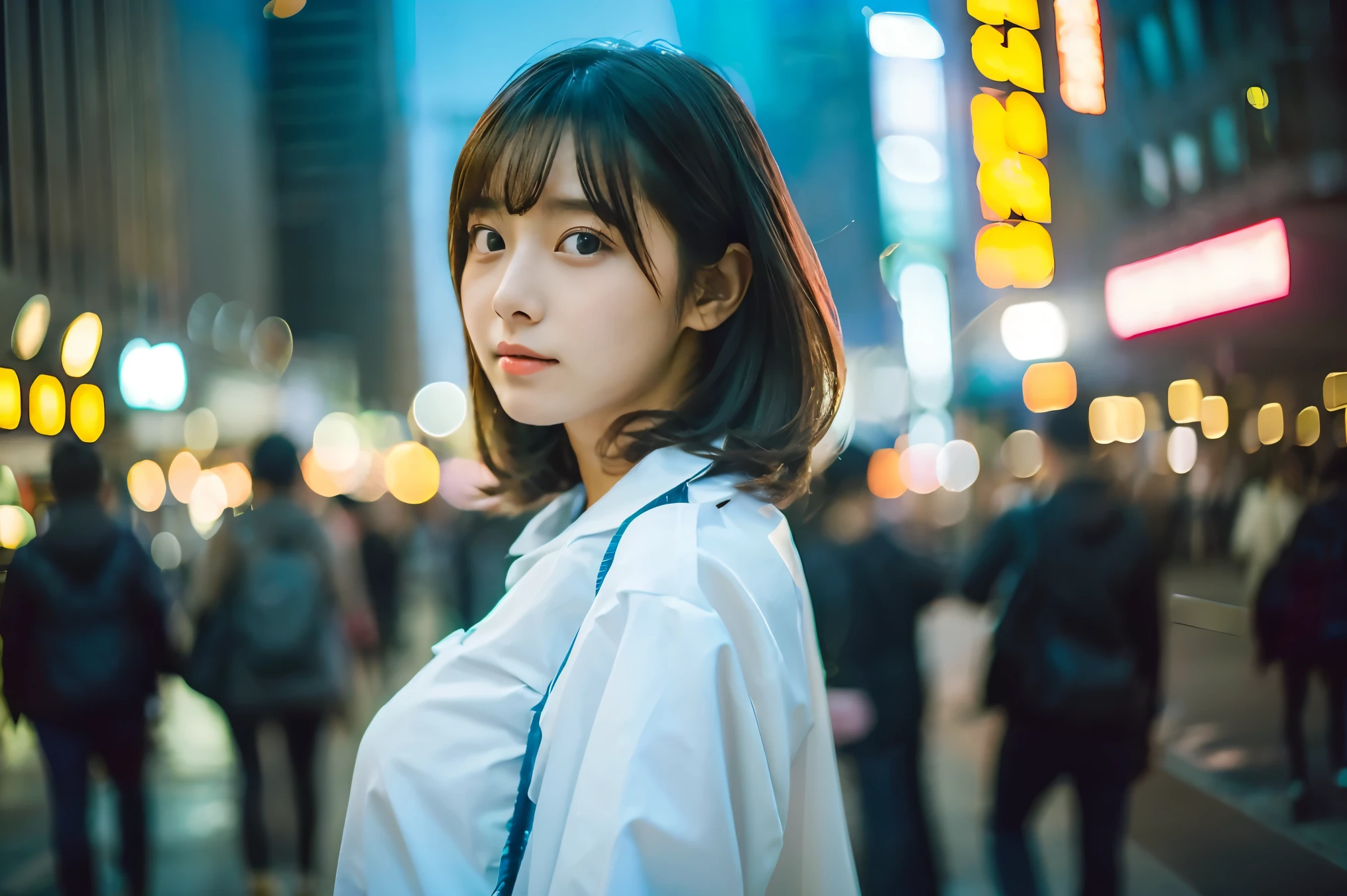 ((highest quality:1.5)) ((photographのようにリアル:1.3)) Super detailed super high quality super high quality surreal photograph japanese woman Fair skin ((half-open lips:1.3)) Beautiful and soft skin Beautifully styled straight short hair beautiful and perfect body very cute A beautiful and transparent young man々New Skins 16 years oldamisole) big breasts everyday city Busy city night viewer'point of view Front view (amazingly cute girl) waist shot ((The background is the protagonist:1.3))