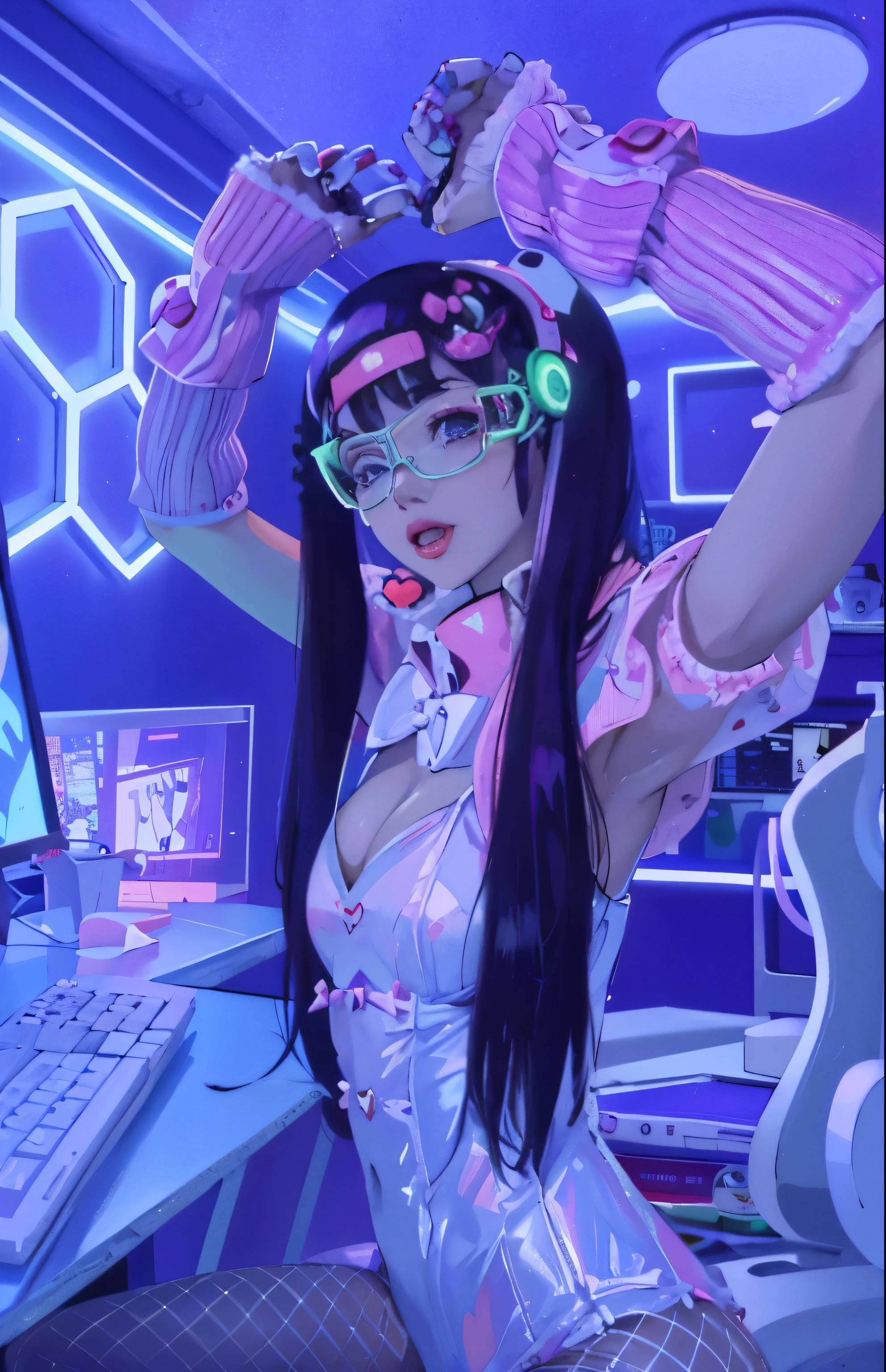 A woman wearing pink clothes and glasses is taking a photo., Belle Delphine, cyber aesthetics, y 2k cyber core, y 2k cute core clown core, girl, e girl, dreamy cyber punk girl, wears cybernetic rabbit ears。, cyber high school girl, oppai cyber punk, cyber punk))))), cyber style, cyber punk vibes