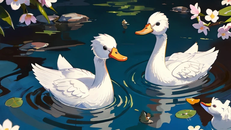 high quality, masterpiece, spring，Several ducks swimming in the water,  white