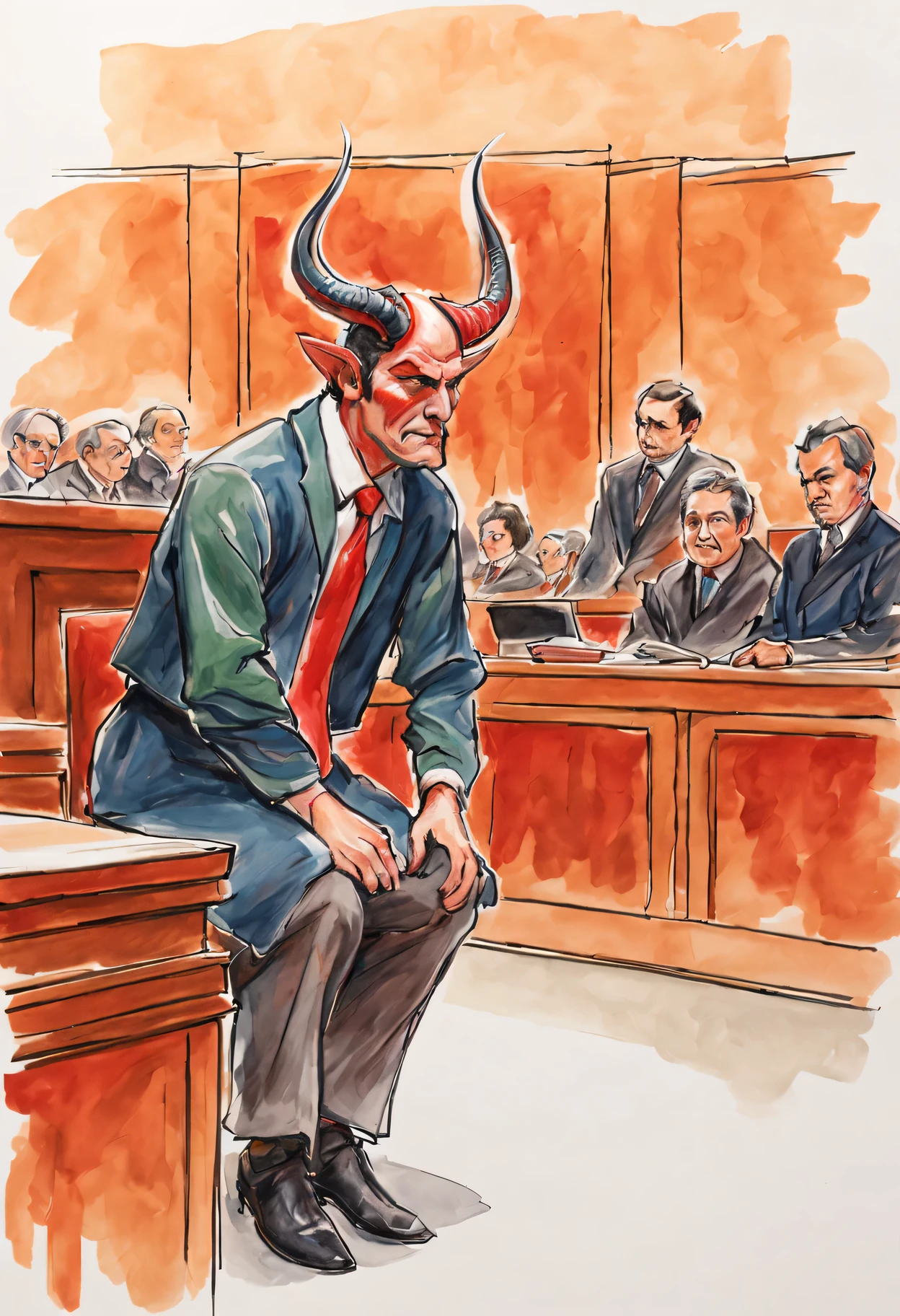 There is a photograph of the back of a man sitting in a courtroom.., It has horns、1one is broken、Courtroom sketch, Courtroom sketch, todd howard Courtroom sketch, Courtroom sketch art, Courtroom drawings, Courtroom drawings, In the court, seated In the court, There are red scales on the back,I was injured、 Court Jester, partially turned to the left, Holding Court, Courtroom scene, Amiable Devil Among Devils, rejection, 11 o'clock、masterpiece、highest quality