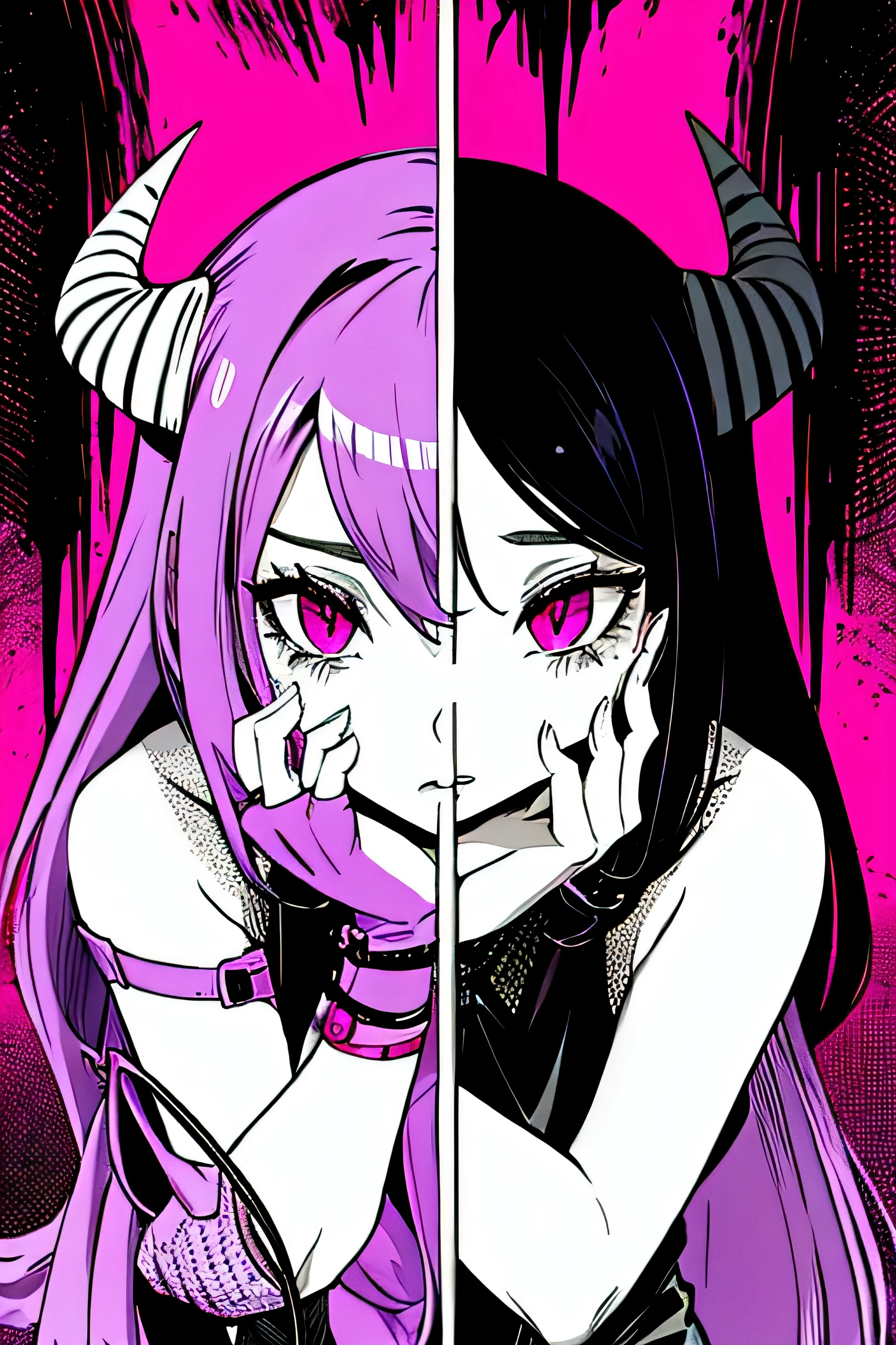 chica hermosa, con labios rosa, neon hair color. Completely naked, standing face to face with an excited expression, her eyes have a heart on her eyelid and a patch on the other eye, with a skull drawn on a black background with grim reaper for gaming written in neon.