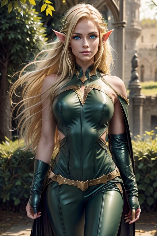 medieval setting, full view of body, (detailed elf ear, 1 woman, elven featured face, beautiful green eyes, blonde hair), leather armor, black leather pants, leather hooded cape,