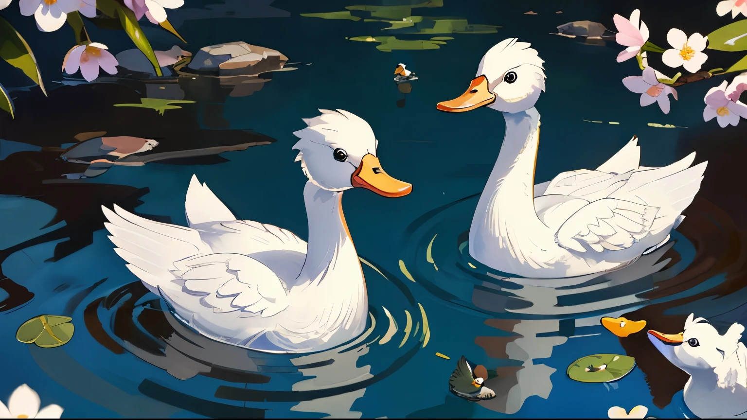 high quality, masterpiece, spring,Several ducks swimming in the water, white
