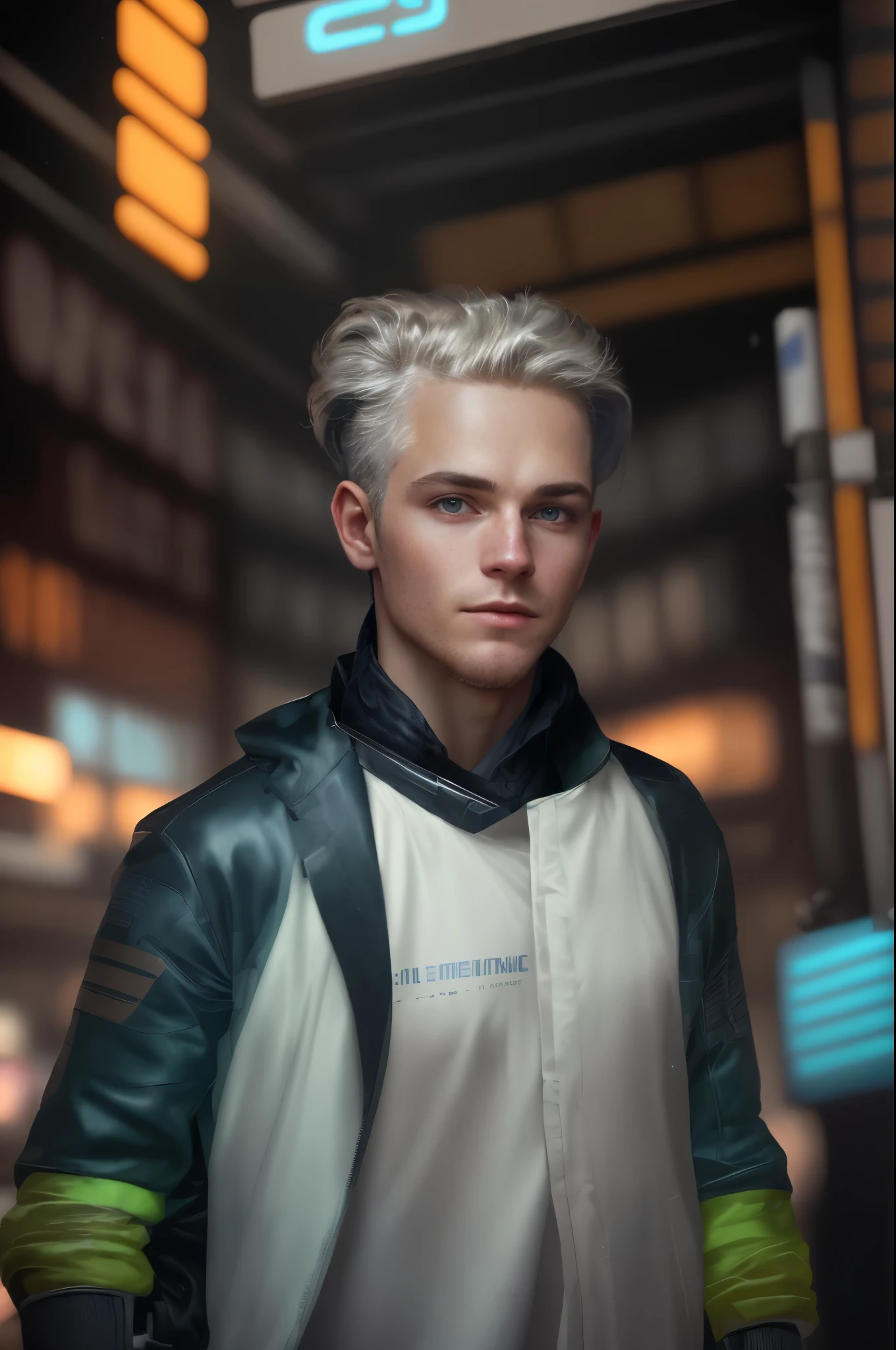 "Cyberpunk portrait photography featuring a handsome young man, gazing off-camera, donning a luminous futuristic jacket. His face displays remarkable realism, with his eyes peeking through his hair, set in their rightful position. His skin appears natural, illuminated by soft and rim lighting, while the backdrop showcases intricate details along a roadside. This highly detailed, octane-rendered image is available in stunning HD quality at 8k resolution, captured by Annie Leibovitz with a 120mm lens.