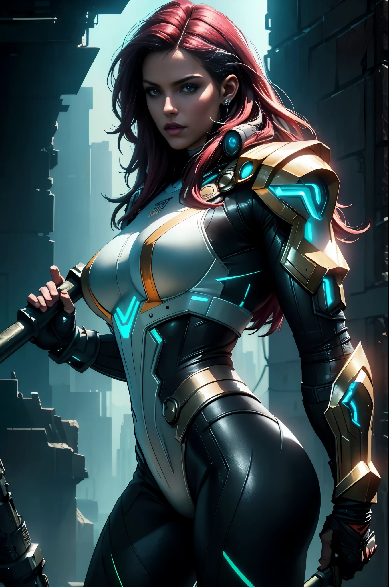 (Photorealistic:1.4) image of a cyber punk Teagan Presley (holding a huge hammer like it was Thor's) (top-quality, 8K, 32K, masterpiece), (dynamic pose), ((facing camera)), (looking at camera), cowboy shot, shapeless hair, white cyberpunk swinsuit armored clothing, depth of field f/1.8, cyberpunk city background, cinematic lighting. 8k masterpiece high quality