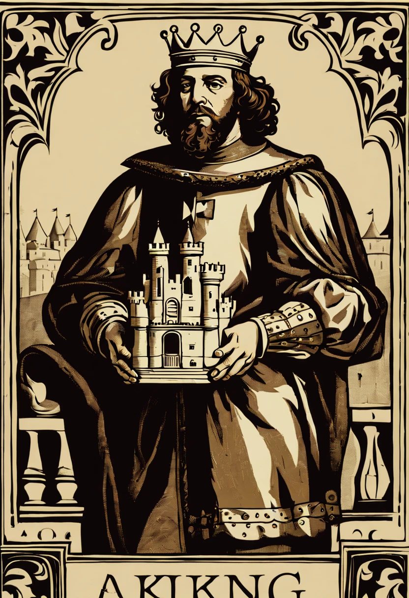 A King holding a mini castle in his hands, retrato , estilo jogo de xadrez