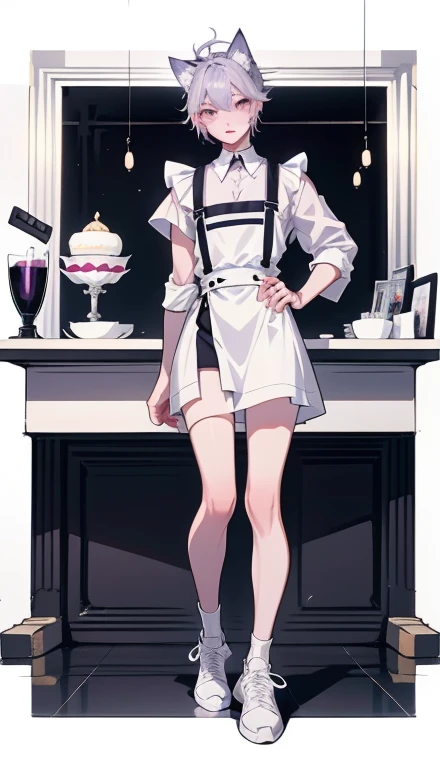 1boy、Full body illustration、Standing Pose、shorts、Full body Esbian、short hair、silver haired ，sneakers、Purple mesh hair，wolf ears、Lipstick，glossy lips，Gentle source of light，apron、Cafe，shyness、Troublesome pose，nice ，High level image quality，mirror ball，professional drawing，cleanliness，white background、