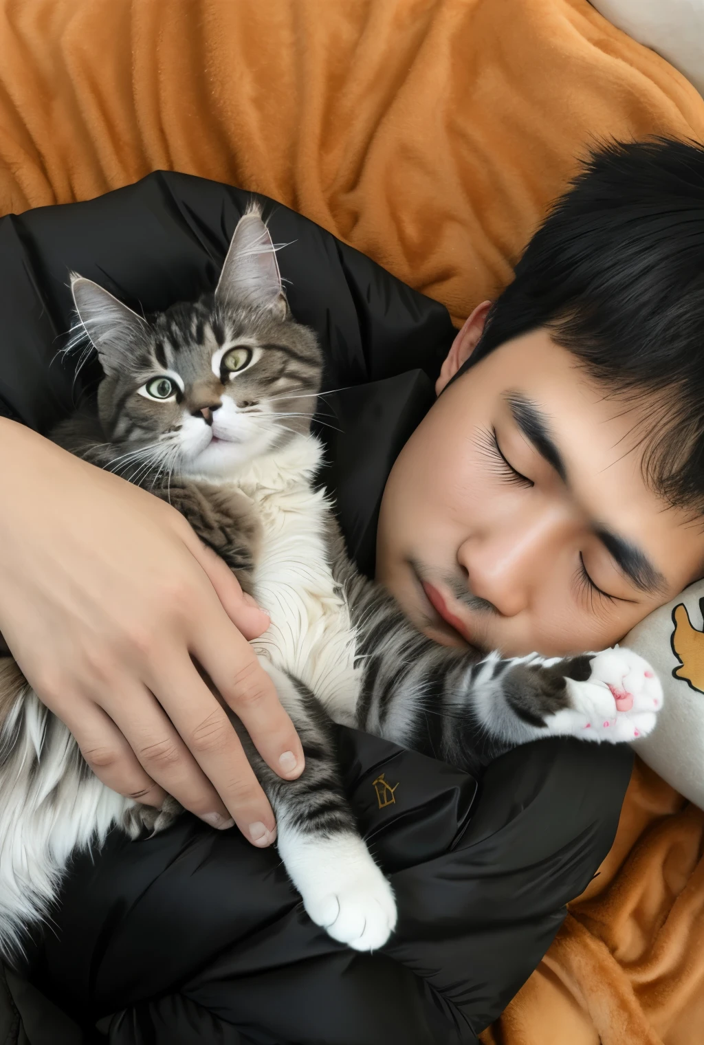 Master man sleeping on blanket,胸口holding a cat, holding a cat, cat photos, Shot with Sony alpha 9, resting on chest, real-life tom and jerry, he is very relaxed, petting a cat, The cat is cute,The cat is a Maine Coon cat
